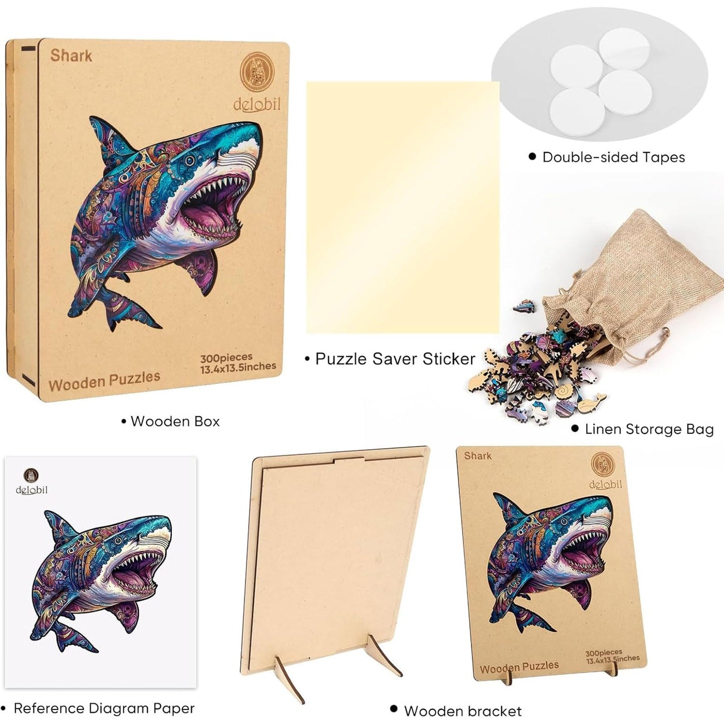 Delobil Shark Jigsaw Puzzle – 500 Pieces, Unique Wooden Shapes, Royal Box (17.3 x 17.4 in)