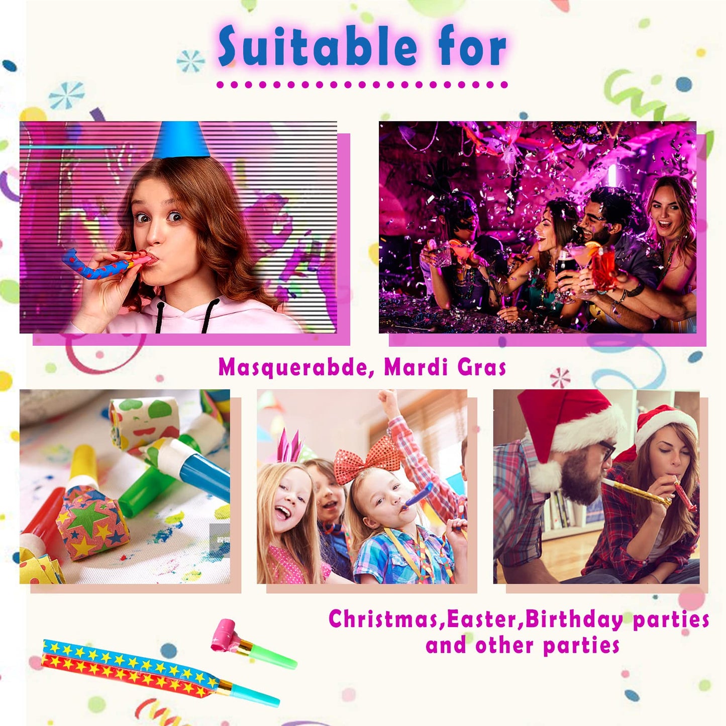 DEMOCRATIDO 50 Pcs Blowouts Noisemakers – Colorful Party Horns for Birthday & New Year