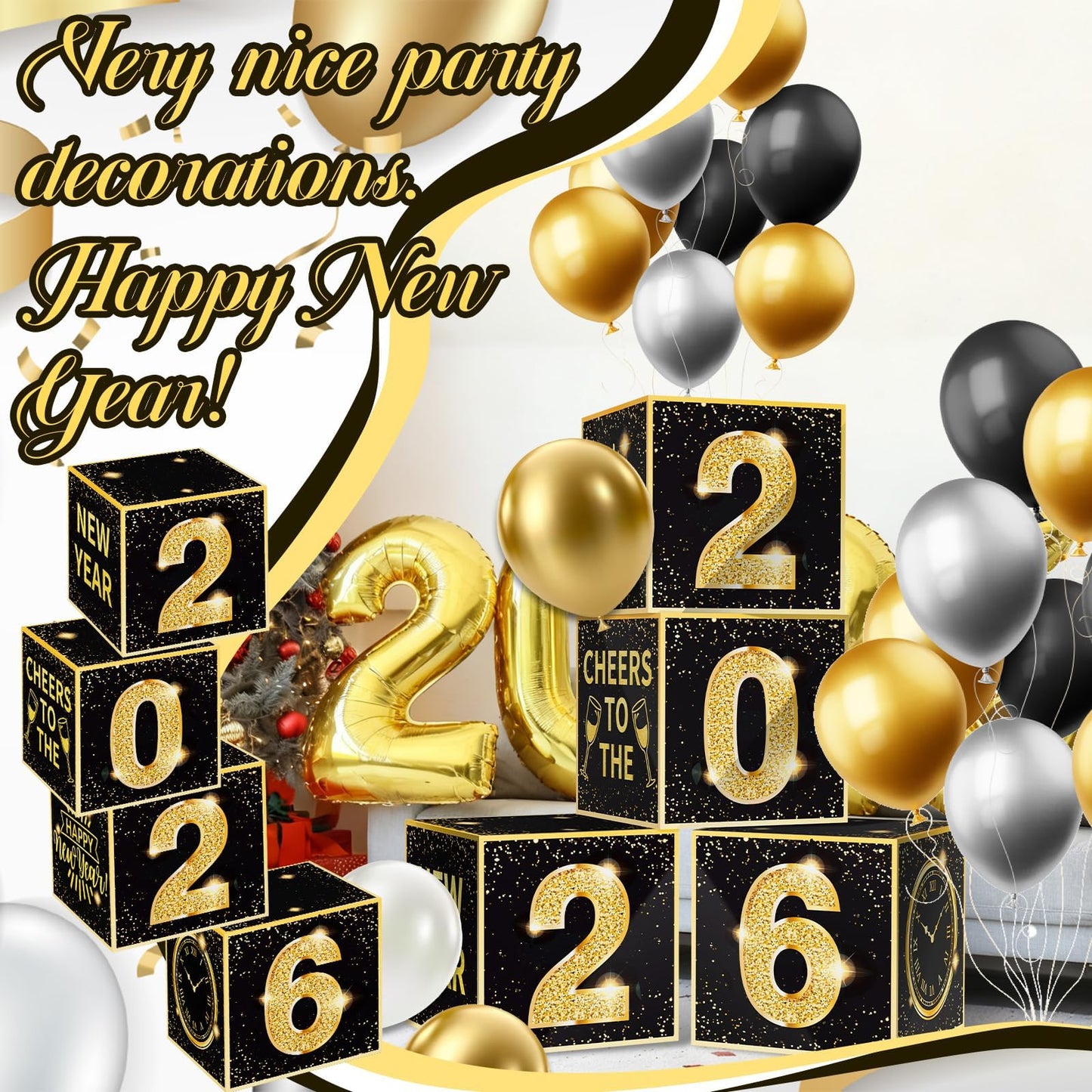 Denylo Pro New Year's Eve Balloon Box Kit 2026 – Gold & Black Party Decor (4-Pack)