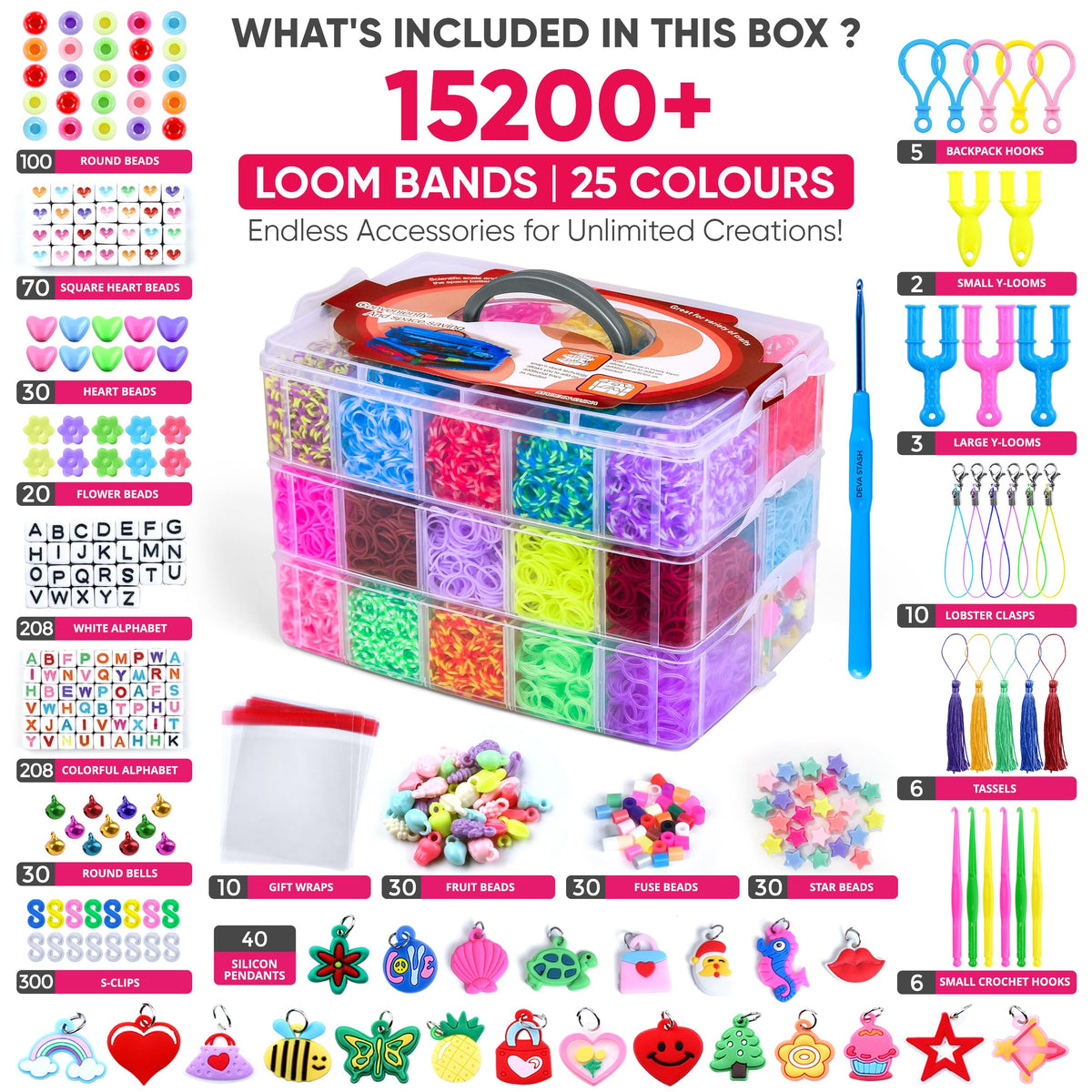 DEVA STASH 15200+ Rubber Band Bracelet Kit – 25 Colour Loom Bracelet Set with Clips, Charms & Beads