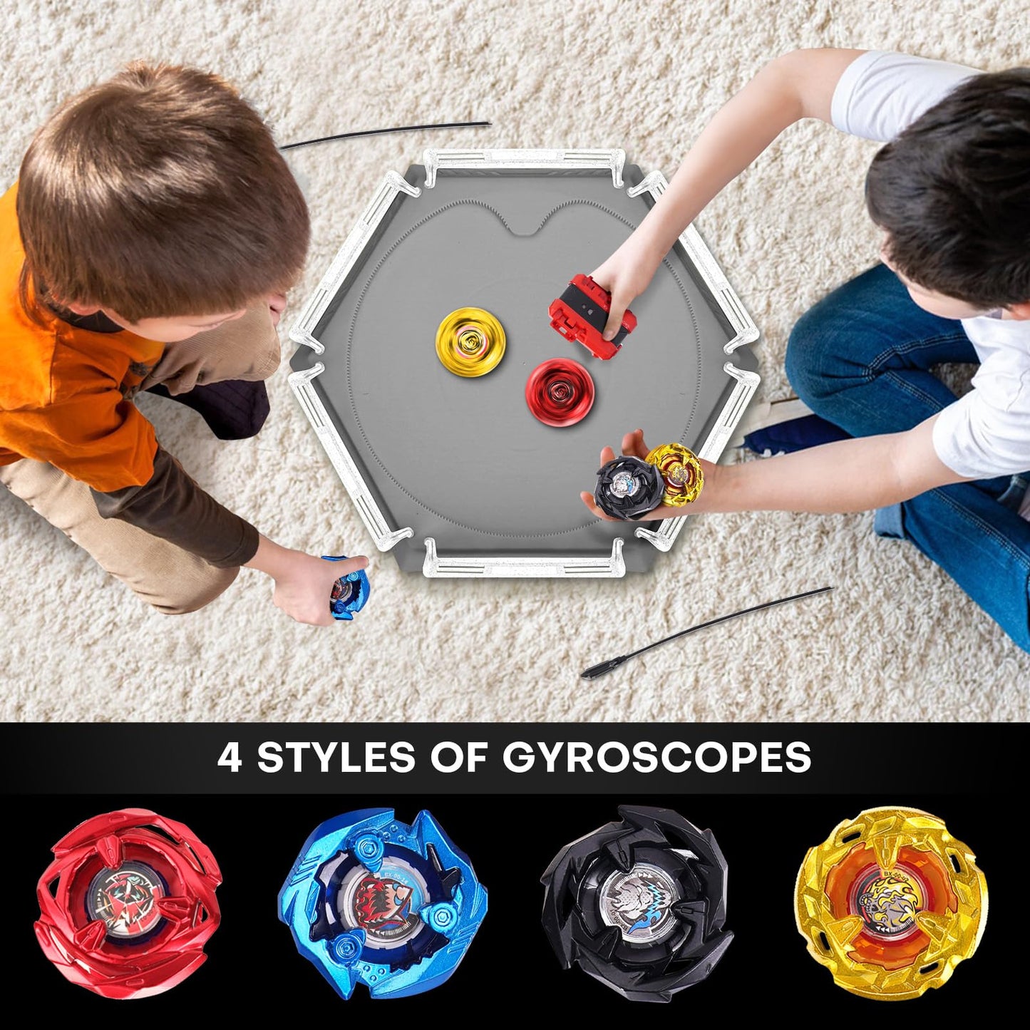 DEZAWRTY Gyro X Stadium Battling Set – 4 Spinning Tops, 2 Launchers, Arena with X Acceleration Rail, Grey