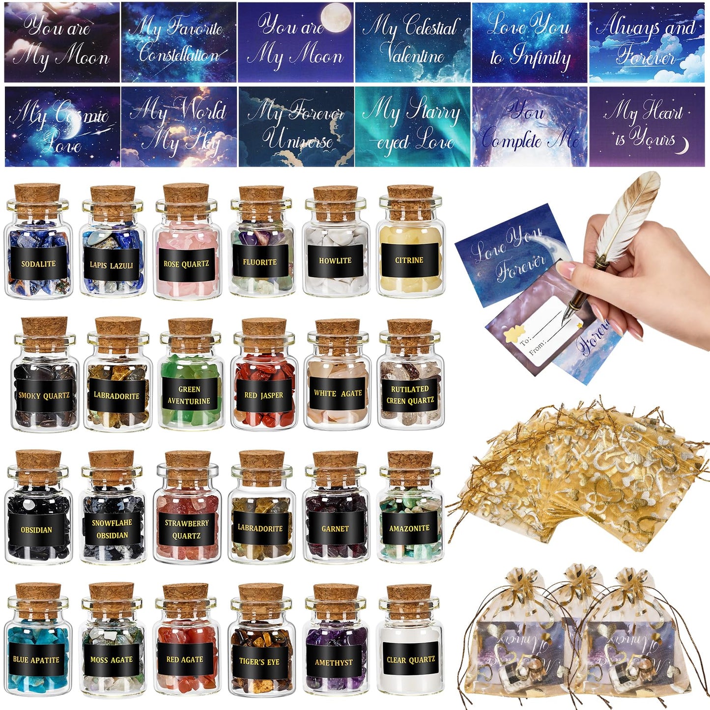DFDNFF 24 Pack Healing Crystals with Cards – Mini Bottles, Gift Set