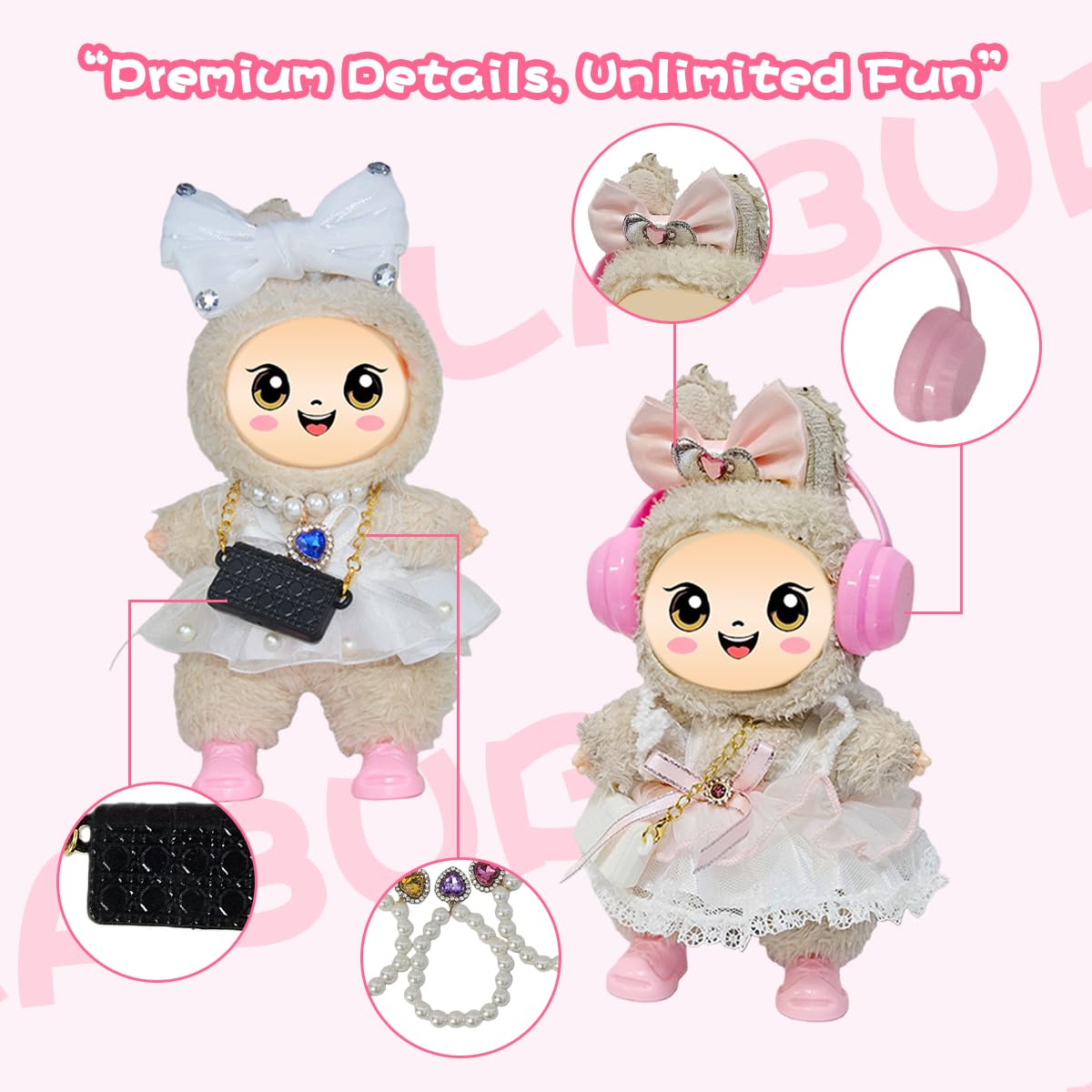 Diaomao 33-Pack Doll Accessories for Labubu (17 cm) – Outfits, Shoes, Glasses & Display Rack