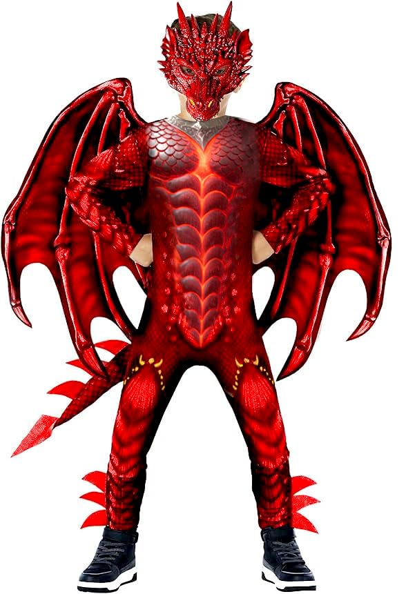 digi Dragon Costume for Kids - Red Fire Dragon Jumpsuit with Wings & Tail Spikes