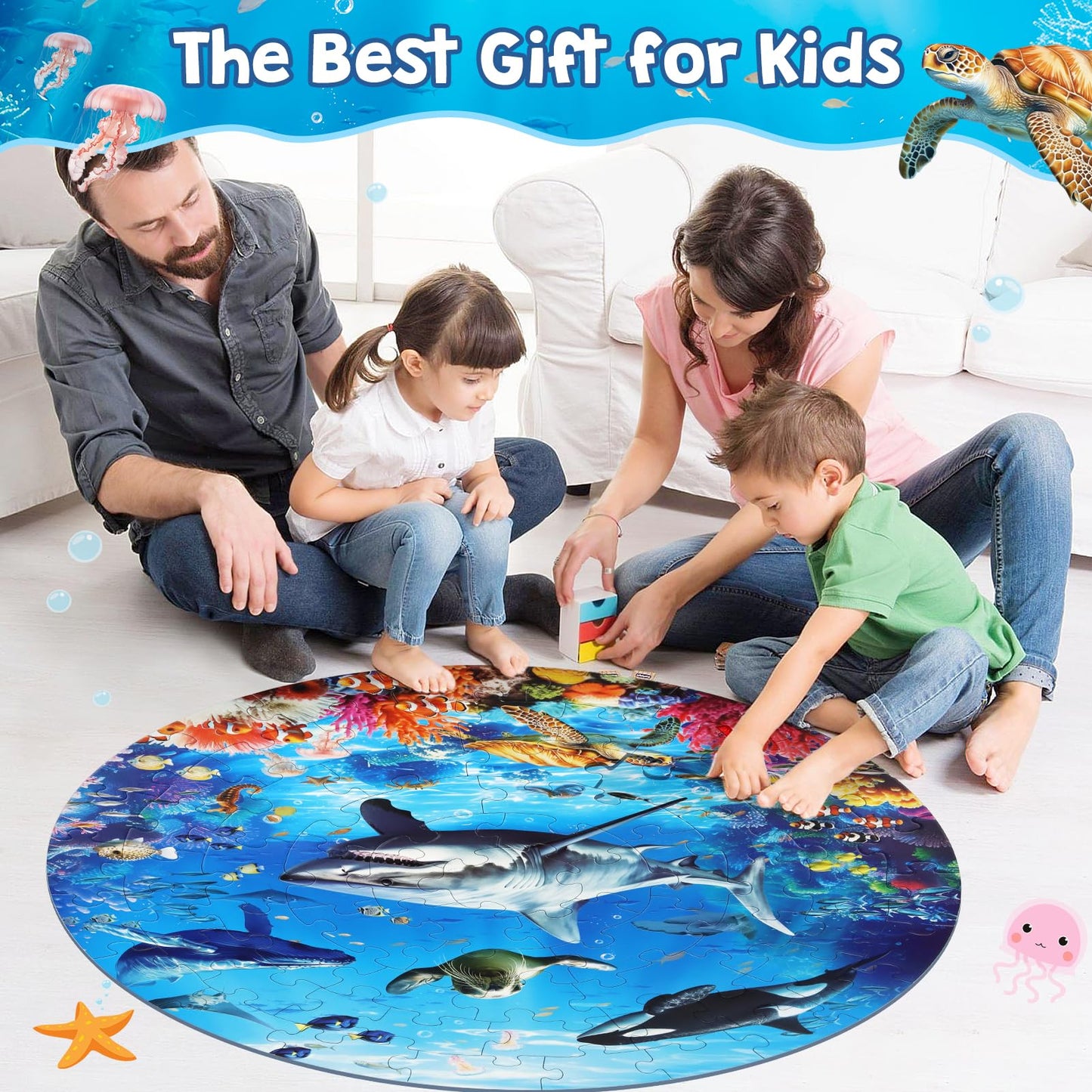 DIGOBAY Round Ocean Floor Puzzle for Kids 3-8 — 70-Piece Shark & Marine Life