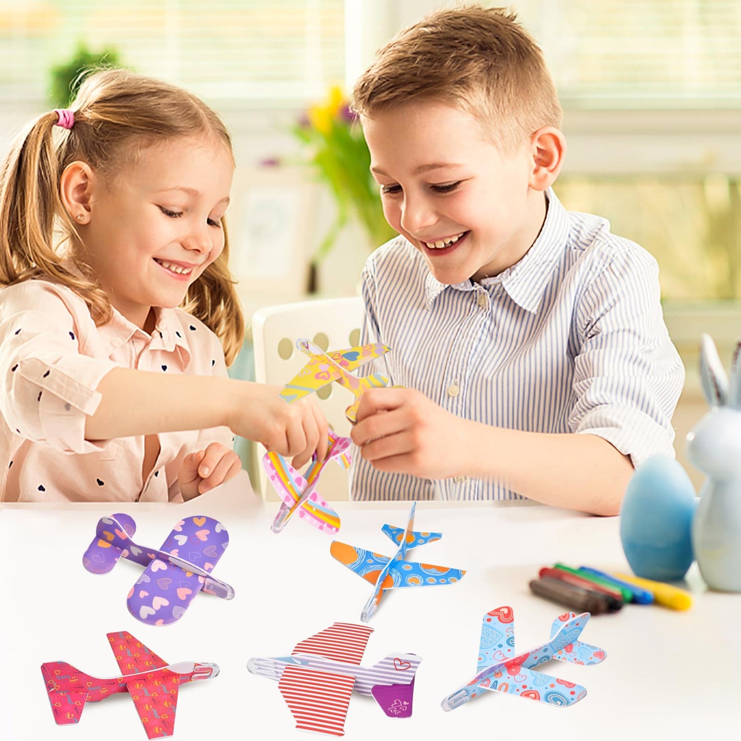 DIRMXRY Valentines Day Gifts for Kids – 28 Flying Foam Airplanes & Greeting Cards