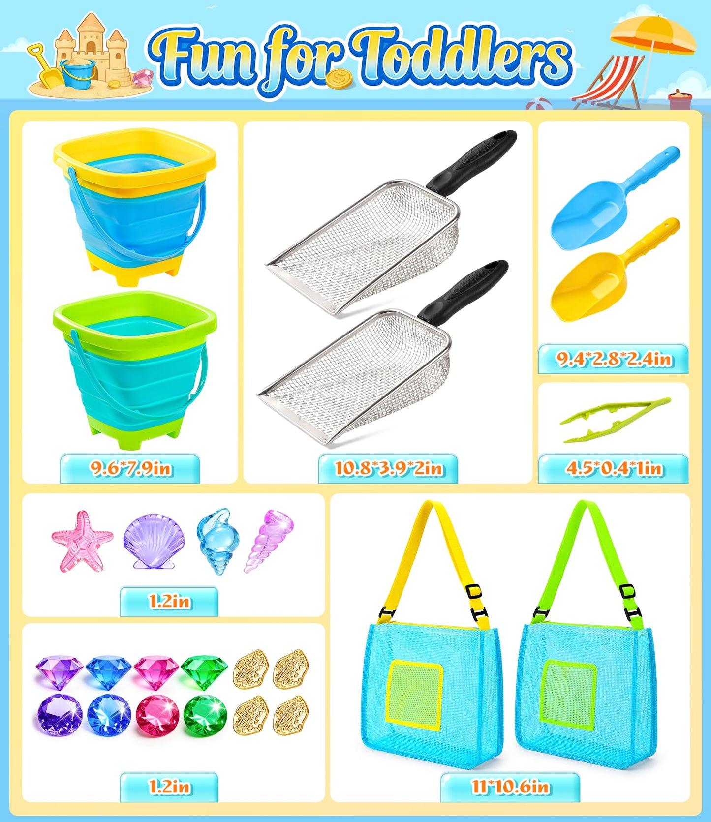 DISHIO Beach Toys 25-Piece Metal Sand Sifter & Collapsible Buckets Set – Outdoor Sand Toys for Kids (Ages 3-10)