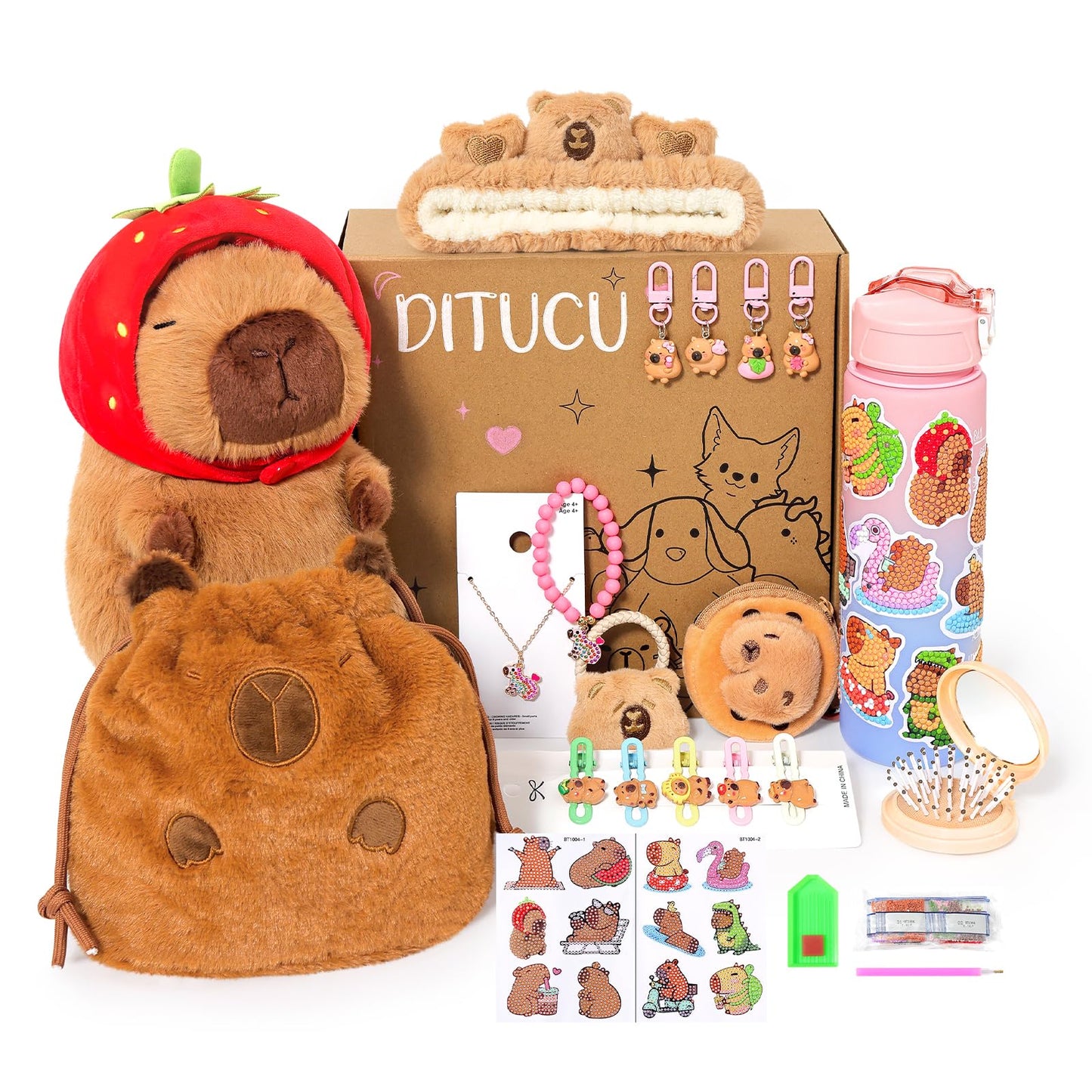 Ditucu Strawberry Capybara Plush Gift Set for Girls 4-10 | 12-Piece Deluxe Toy Kit