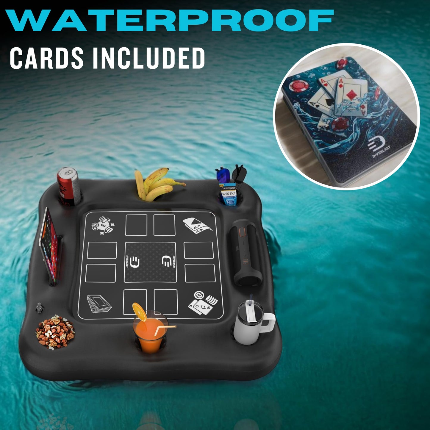 DIVEBLAST Floating Card Table for Pool — Waterproof Cards, 50 LBS Capacity