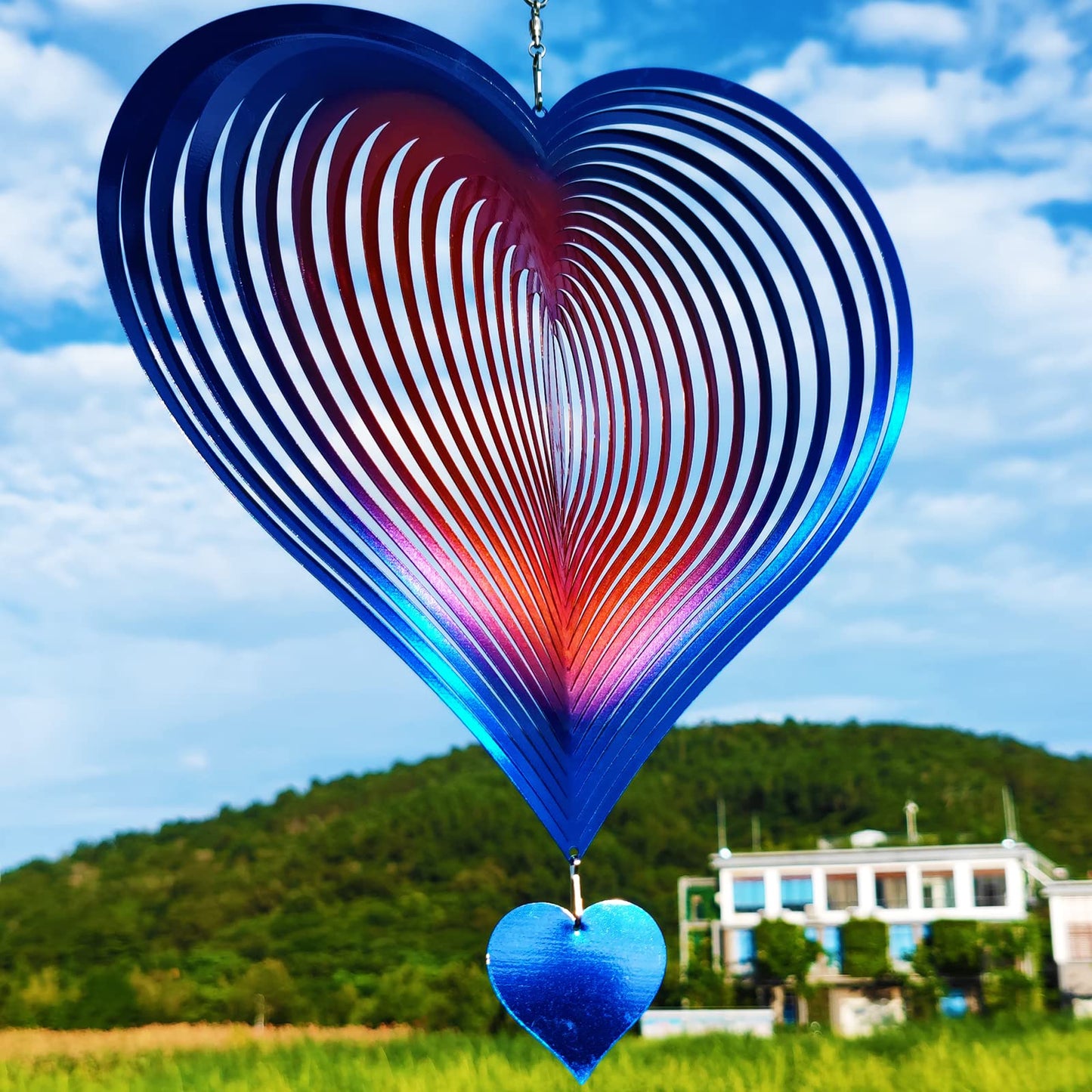 DJUAN Wind Spinners Outdoor Garden Decor 12in Blue-Orange Love Heart | Kinetic Metal Yard Art