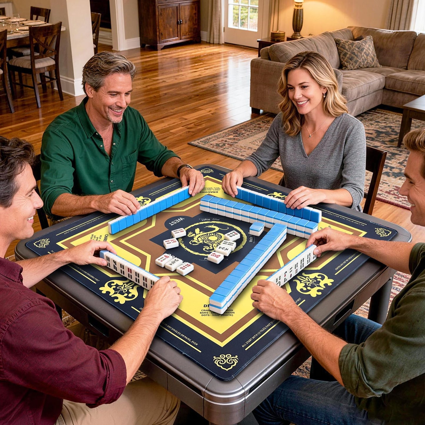 DMJHJY Mahjong Mat with Rules 31x31 – Non-Slip, Quiet Play, Eco-Friendly Backing