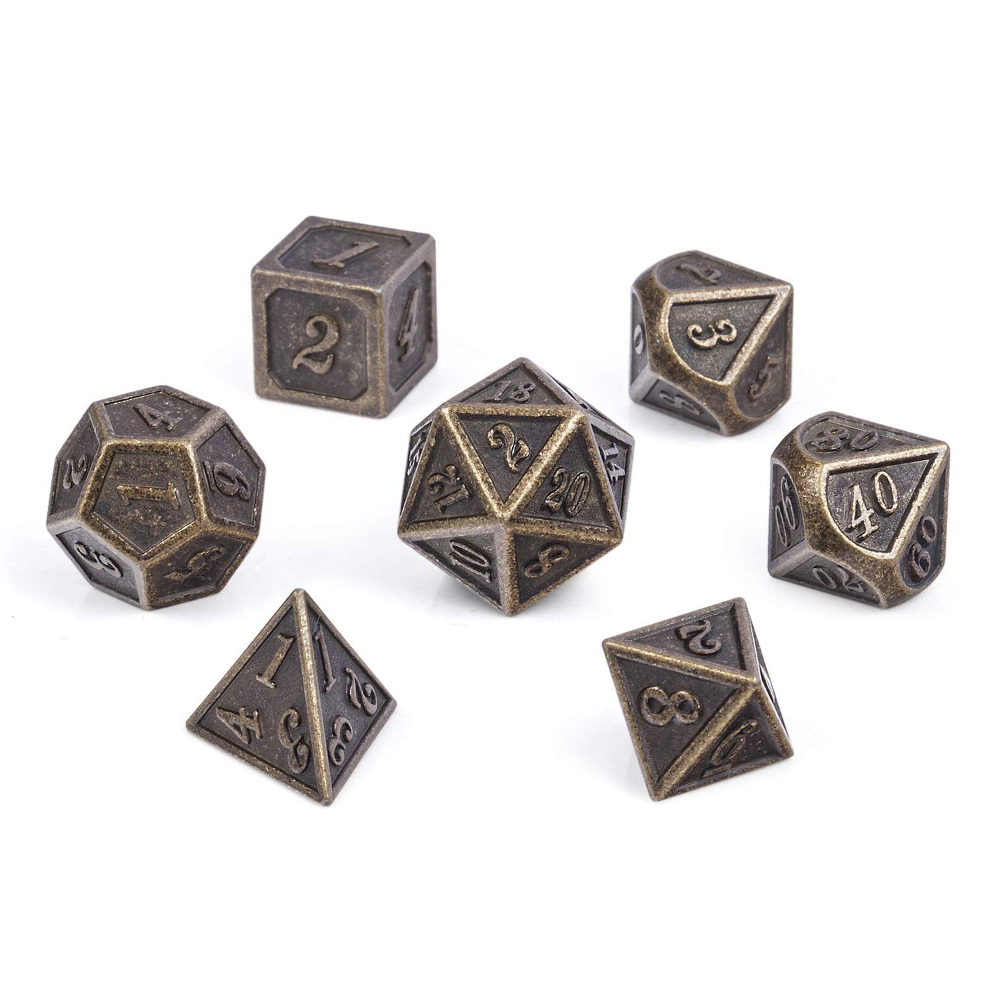 DNDND Ancient Design Brass Dice Set – 7-Piece Metal D&D Dice with Box