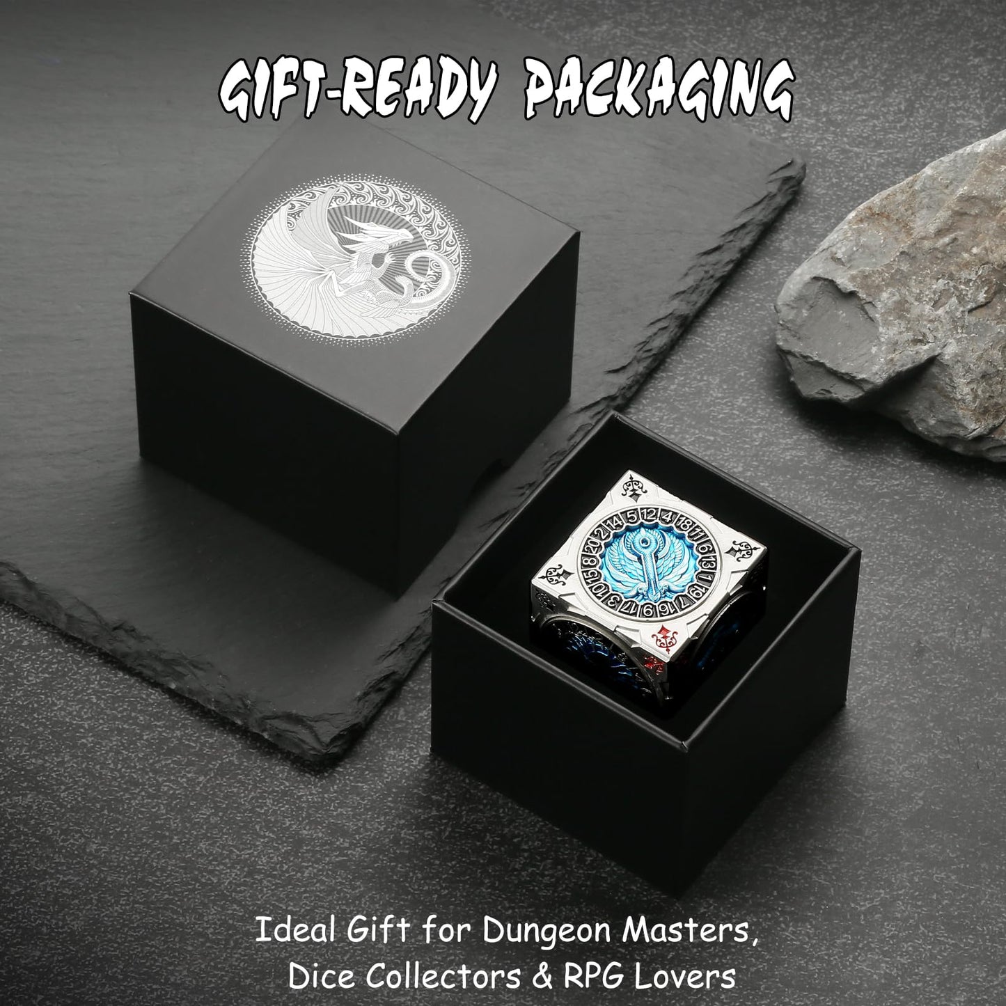 DNDND 7-in-1 Spinner Dice Cube – Goristro & Couatl Edition (Silver & Blue) | D&D Collector’s Set