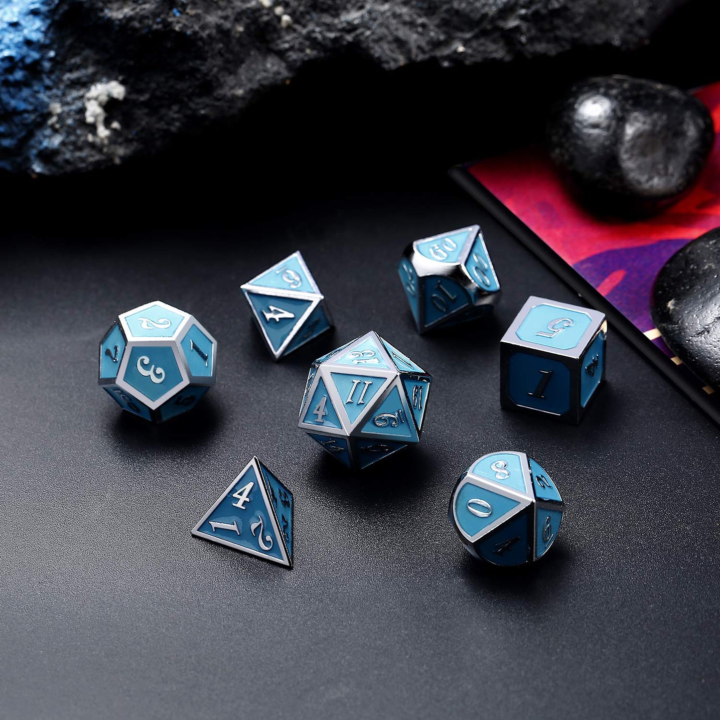 DNDND Glowing Blue Metal Dice Set – Heavy, Luminous RPG Dice for D&D & More