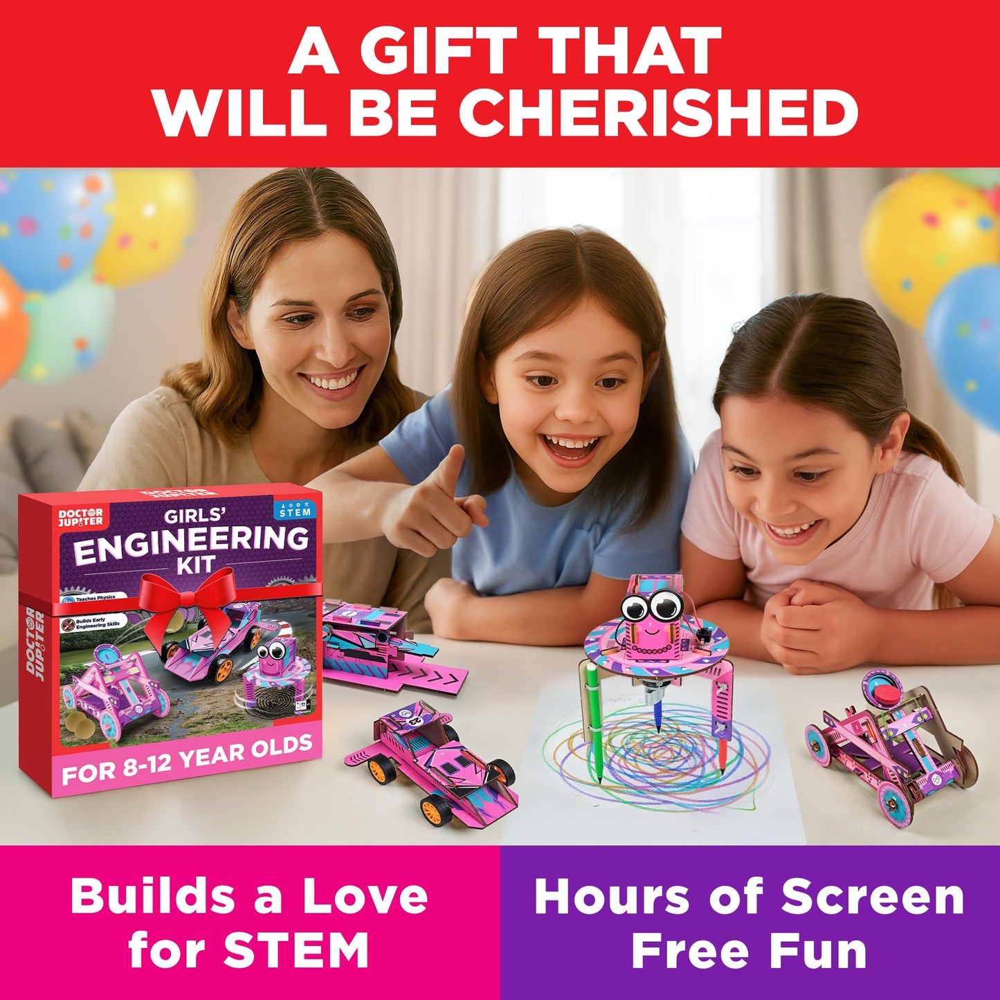 Doctor Jupiter Girls’ Ultimate Engineering Kit for Ages 8+ | Catapult, Race Car & Scribbling Robot