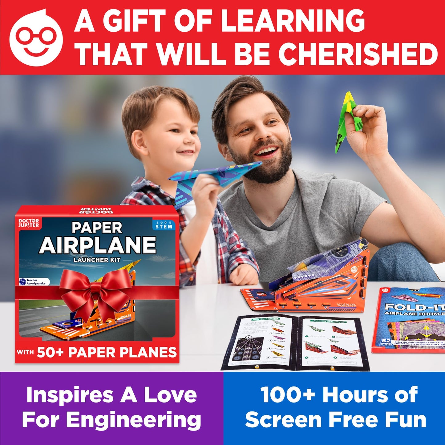 Doctor Jupiter Paper Airplane Book Kit – 50 Planes & Launcher for Kids 6+