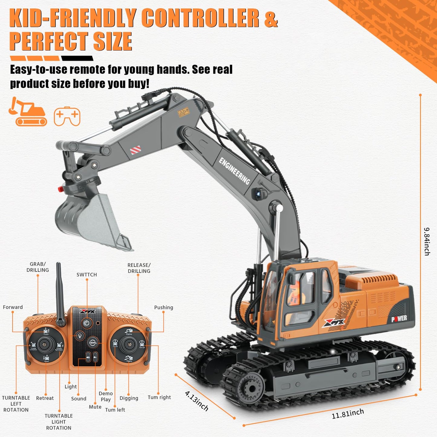Dogern RC Excavator Toy – 3-in-1 Bucket, Claw & Drill, 14-Channel Remote with 680° Rotation