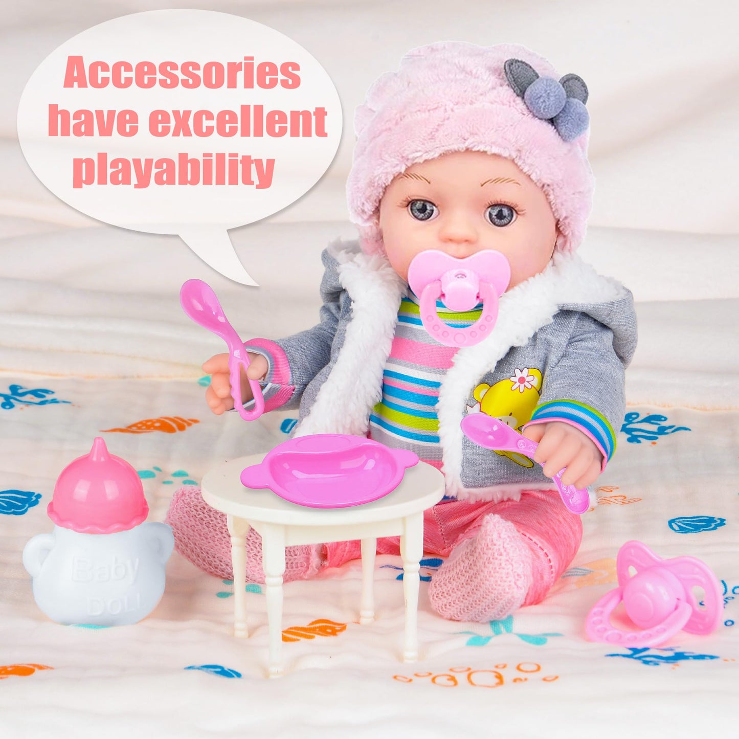 Dollbie 12-Inch Baby Doll – Lifelike Playset with 3-Piece Outfit, 4 Accessories & Feeding Set