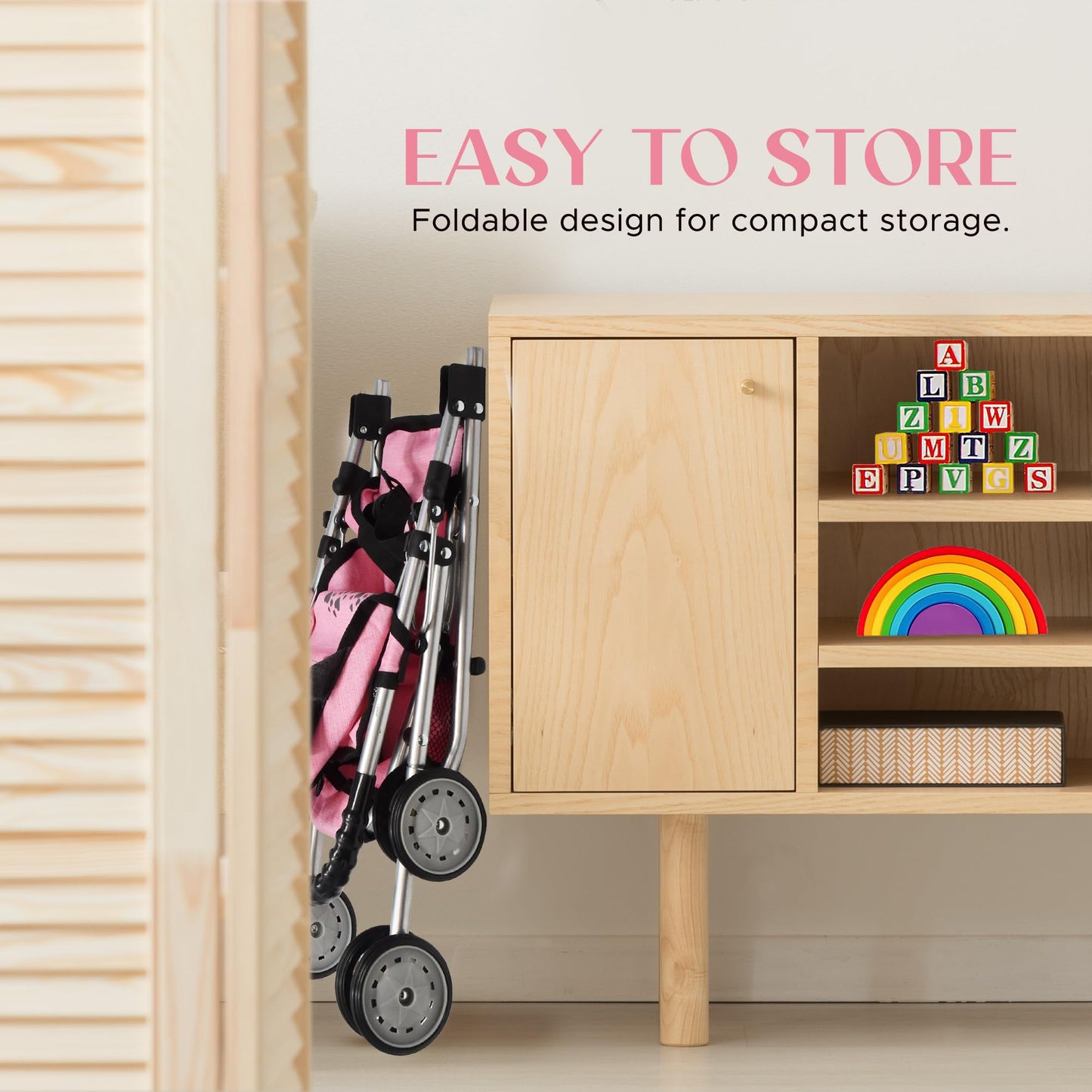 Baby Doll Stroller for Girls by Dolls To Play – Pink 4-Wheel Foldable Buggy with Canopy & Storage