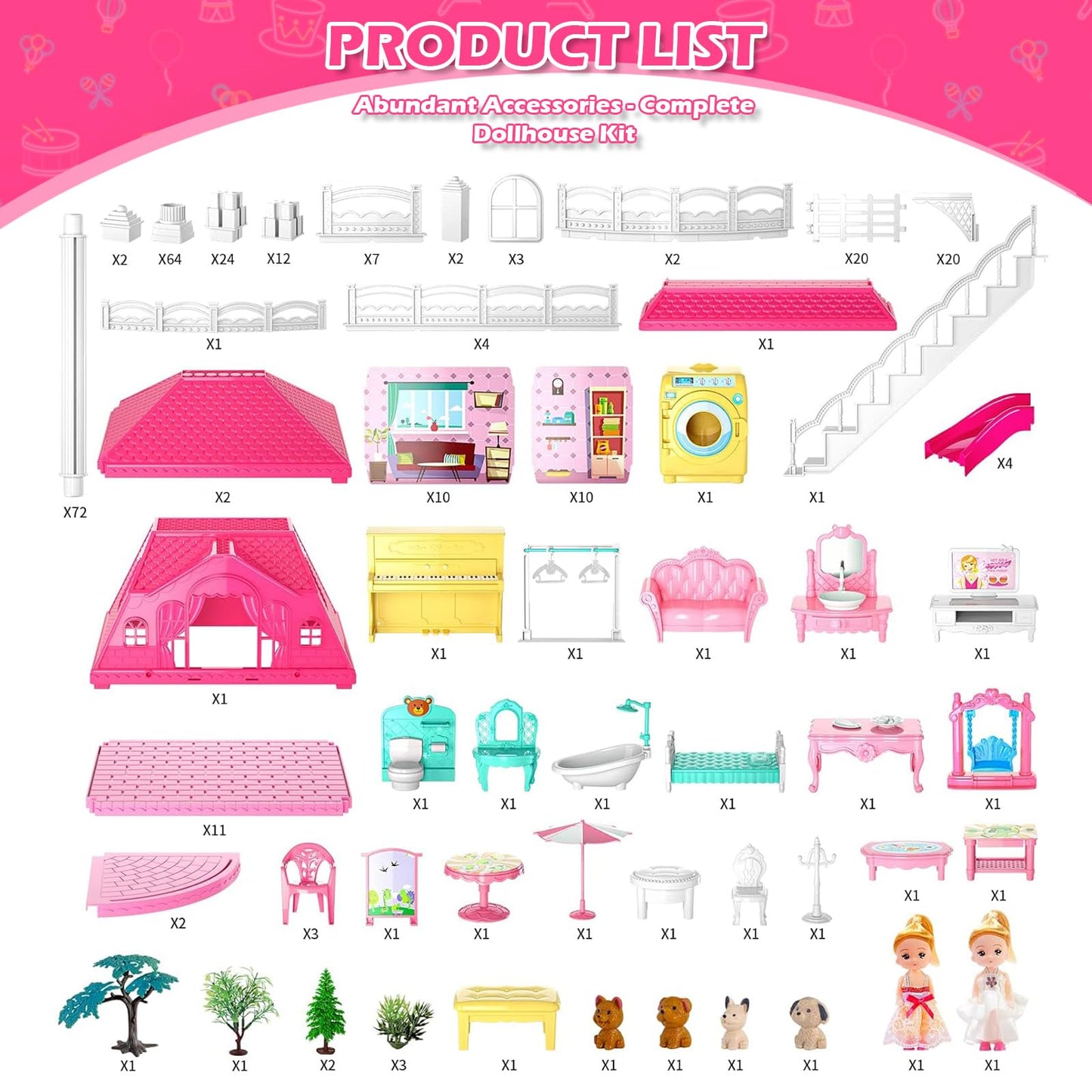 Doloowee DIY Dolls House – 4-Level Villa with 10 Rooms, 2 Dolls & 4 Dogs