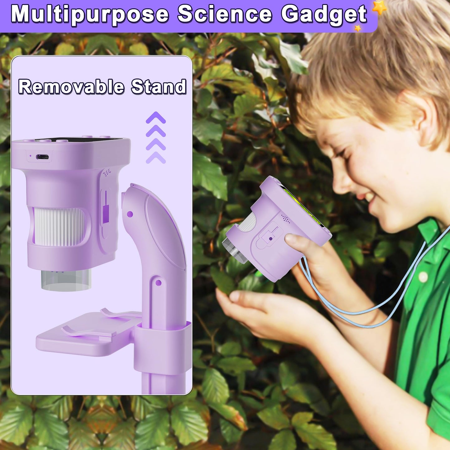 Doobuli Kids Microscope - 3-in-1 Handheld Digital Microscope, Camera & Telescope (Purple)