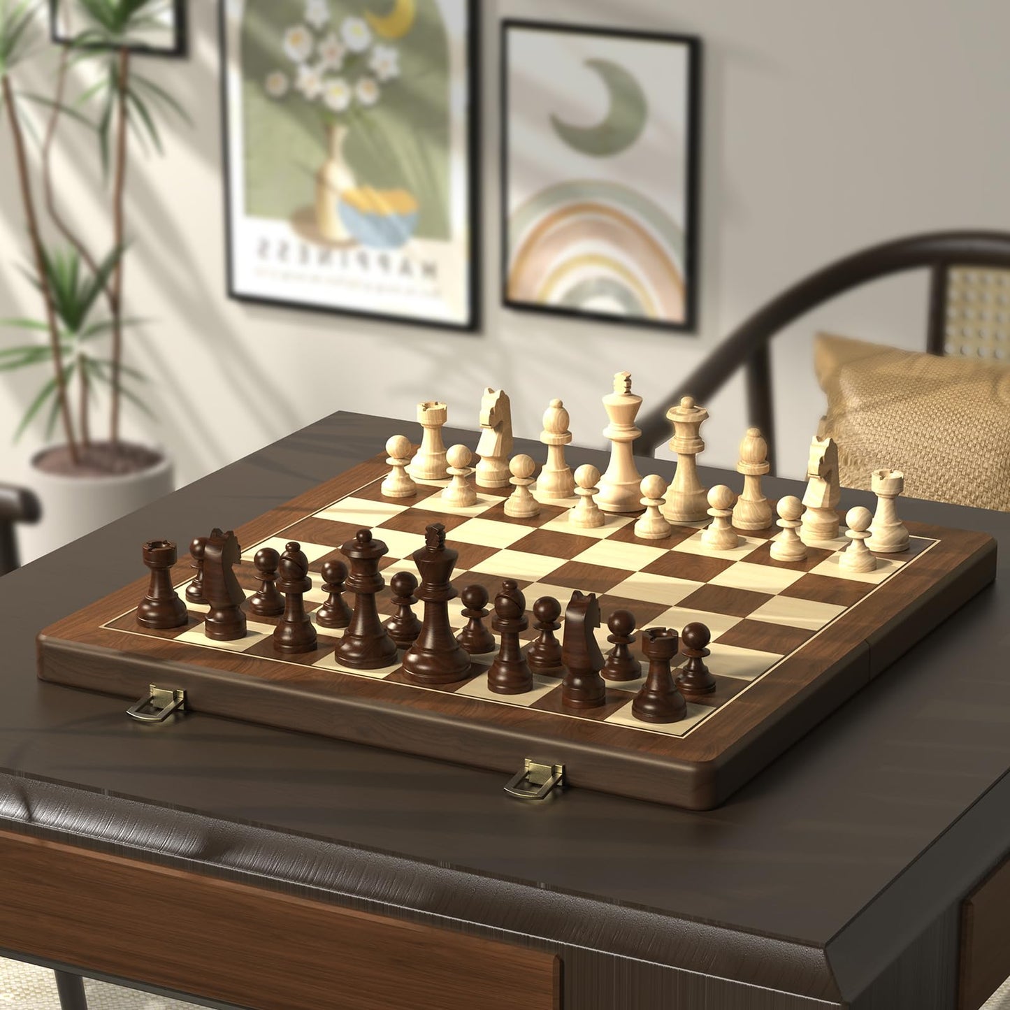Doowroodni Premium Walnut 15-inch Magnetic Folding Chess & Checkers Set – 2-in-1 with 3-inch Staunton Kings, Extra Queens, Dust-Proof Bag
