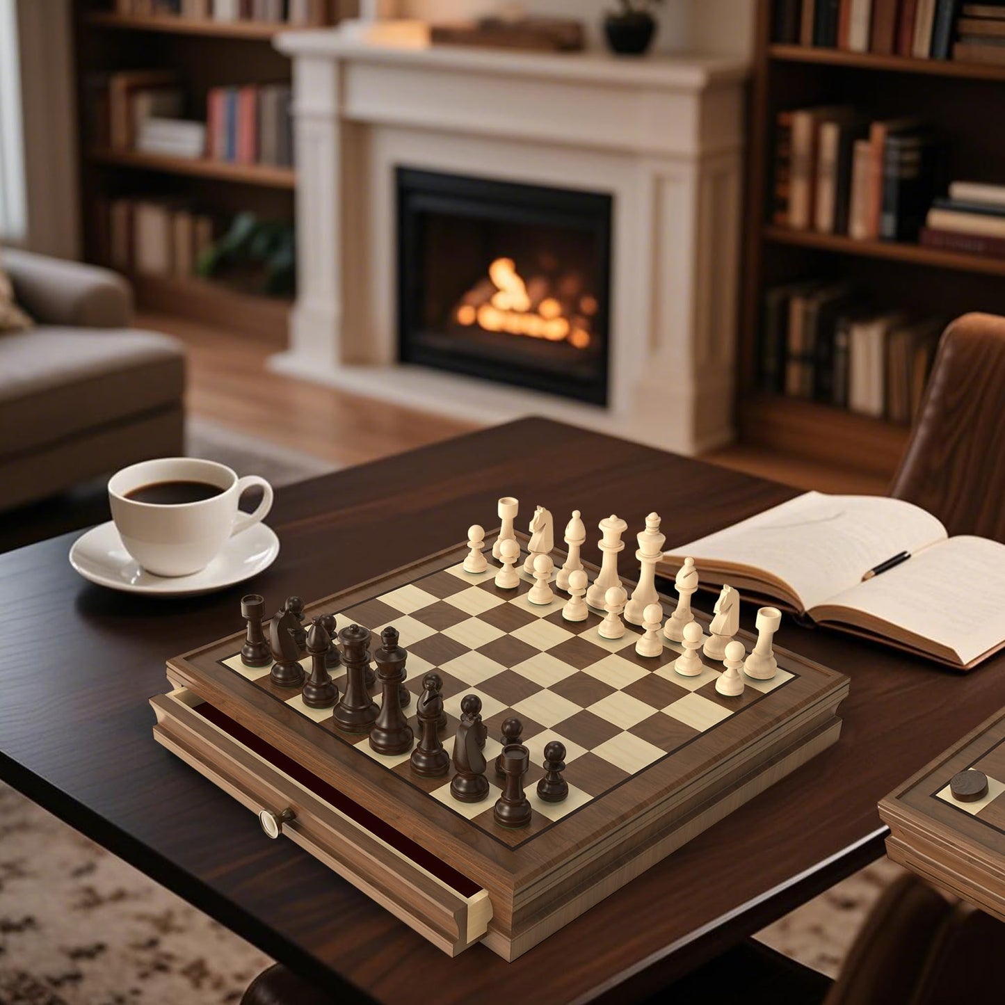 Doowroodni Premium Walnut 13x13 Magnetic Chess Set with Drawer, 2 Bonus Queens, Staunton Pieces