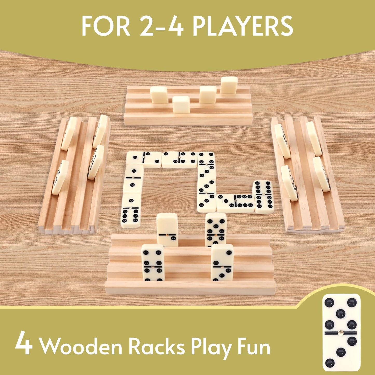 Doreimi Double 6 Dominoes Set for Adults – 28 Tiles, 4 Wooden Racks, Travel-Friendly