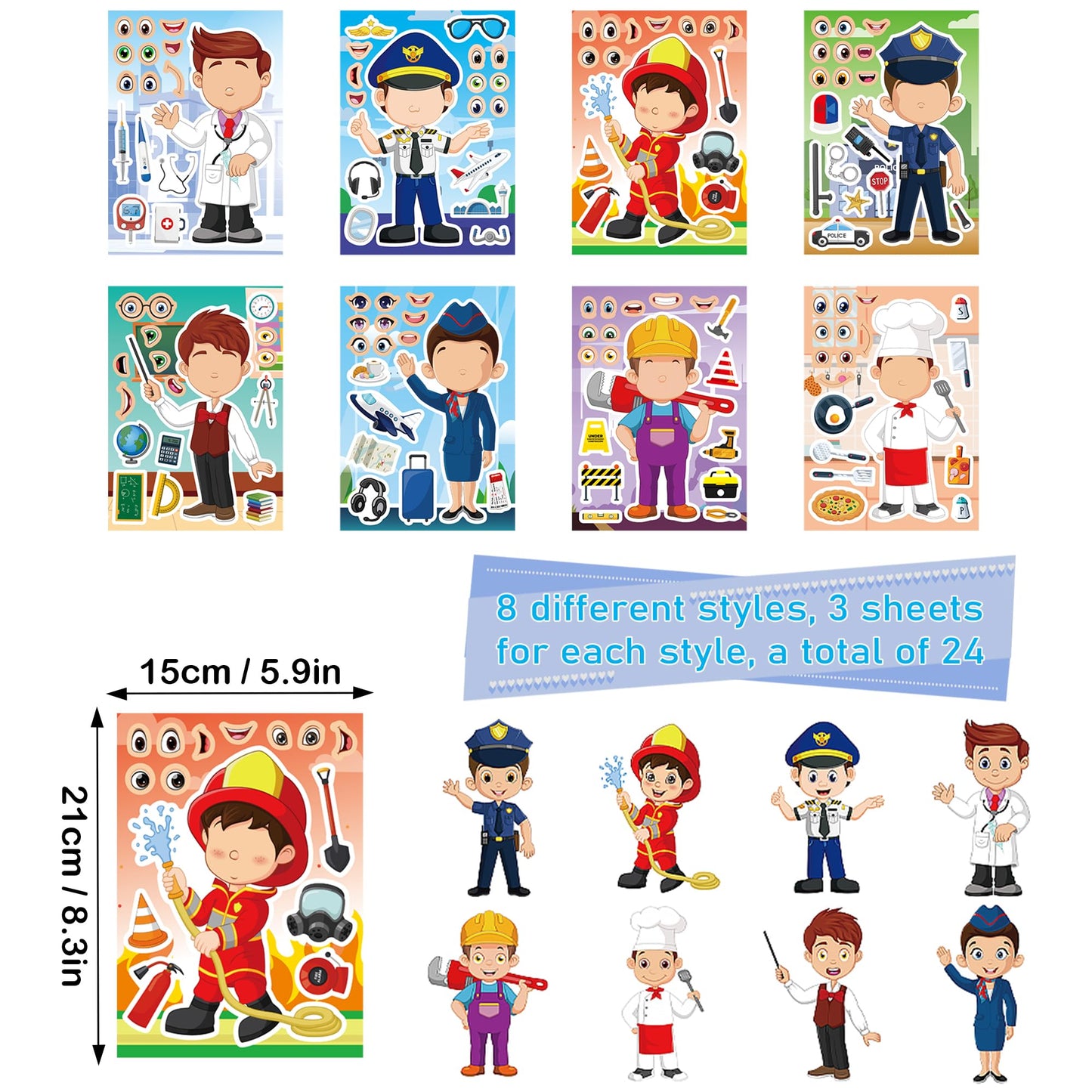 Dorgua 24 Pcs Career Make-a-Face Stickers – Doctor, Police, Firefighter, Engineer & More DIY Party Crafts