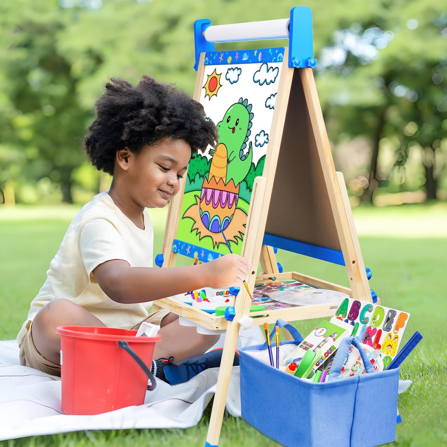 Doselie Kids Easel – Adjustable Wooden Art Easel with Magnetic Whiteboard & Chalkboard