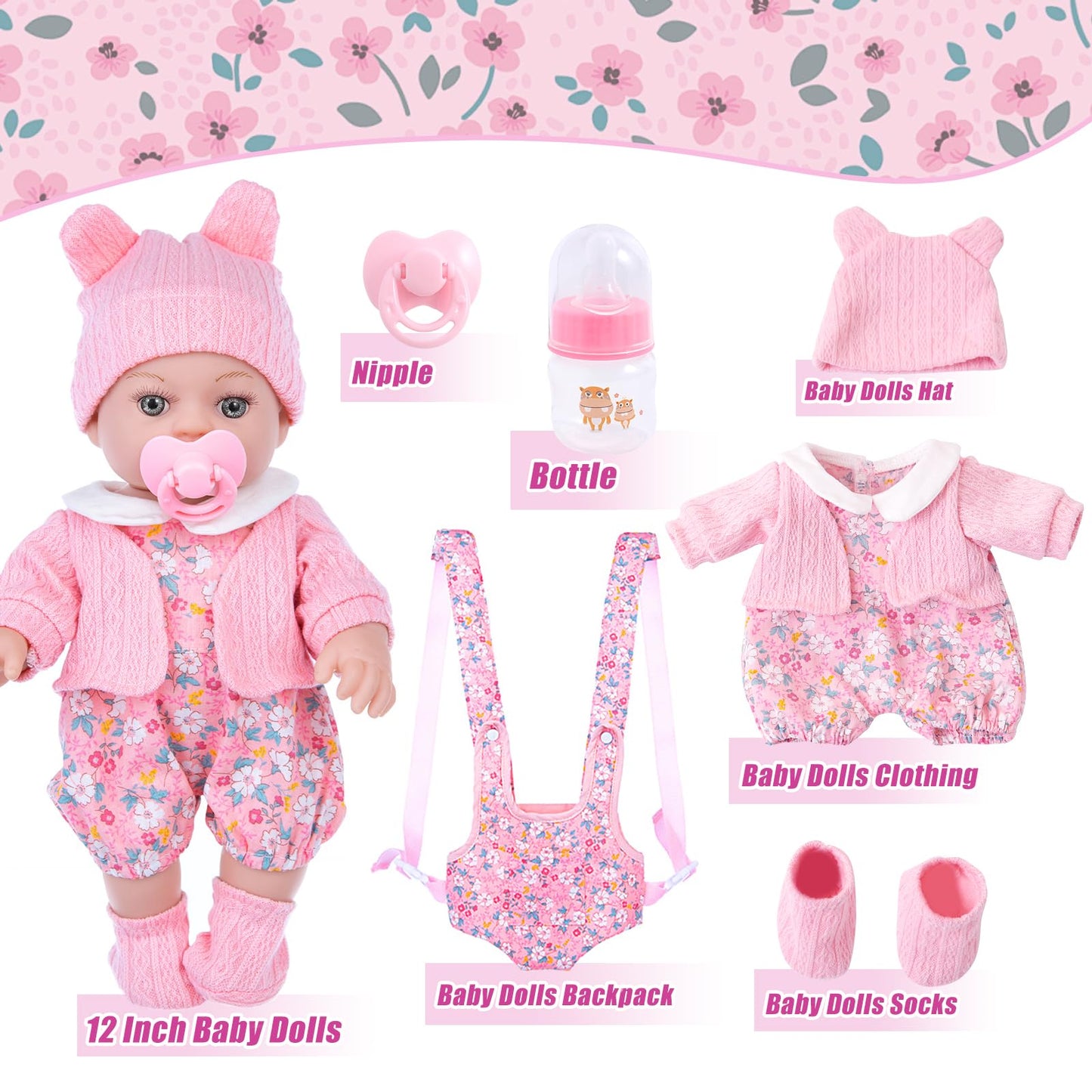 DOTVOSY 12-Inch Baby Doll Set with Carrier – Realistic Doll Accessories for Kids 3+