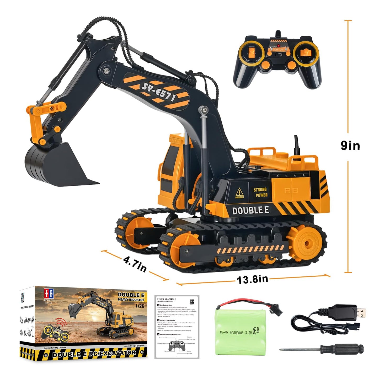 DOUBLE E Remote Control Excavator Toy – 6-Function RC Digger for Indoor & Outdoor Play