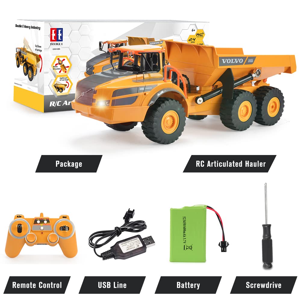 DOUBLE E Volvo RC Dump Truck Toy – Realistic Articulated Hauler with Lights for Kids 3+