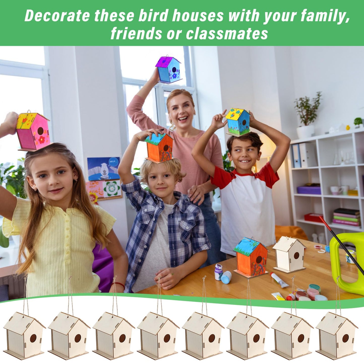 DoubleFill 100 Pcs 4.33" Unfinished Wooden Bird Houses Bulk for Kids DIY - Hanging Birdhouse Craft