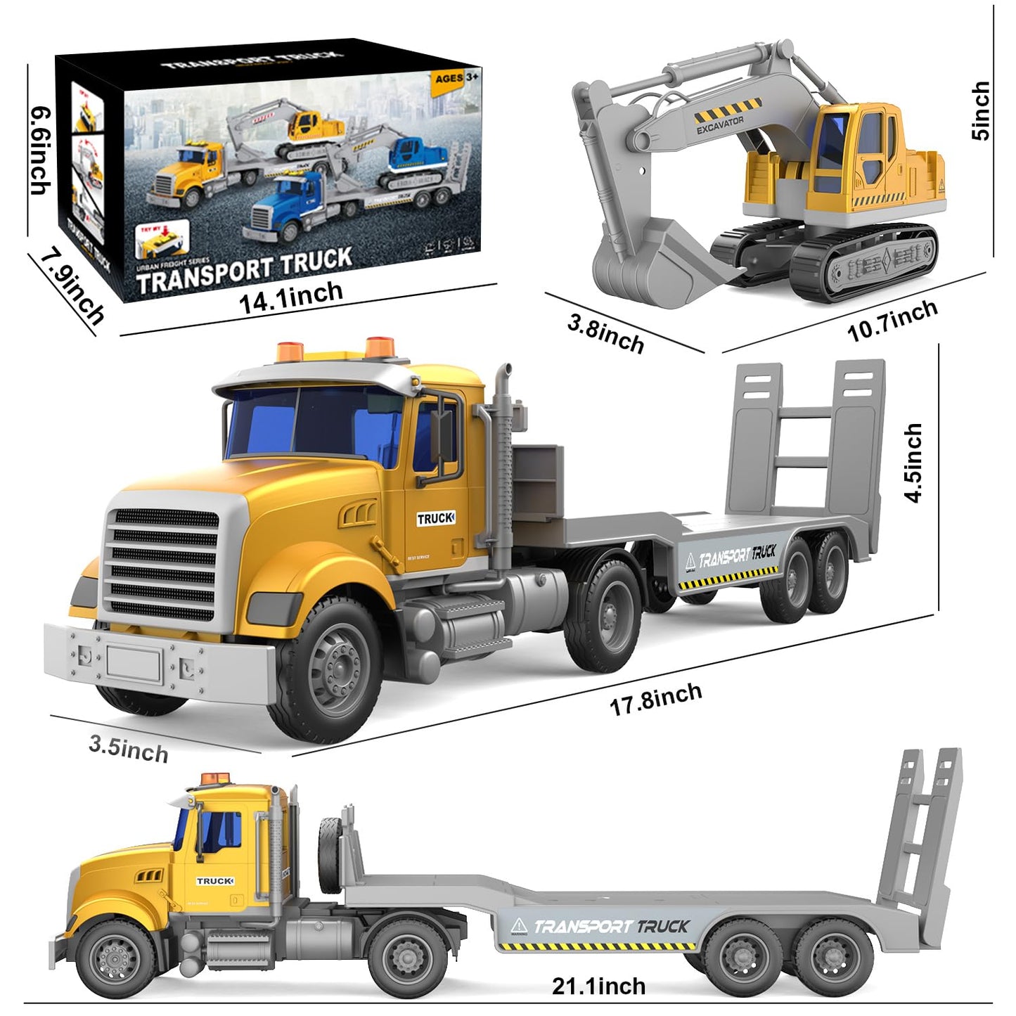 Dowellin Transports Trucks 22-Inch Large Semi Truck Toy Carrier & Excavator with Sound & Light – 2-in-1 Friction-Powered, Yellow