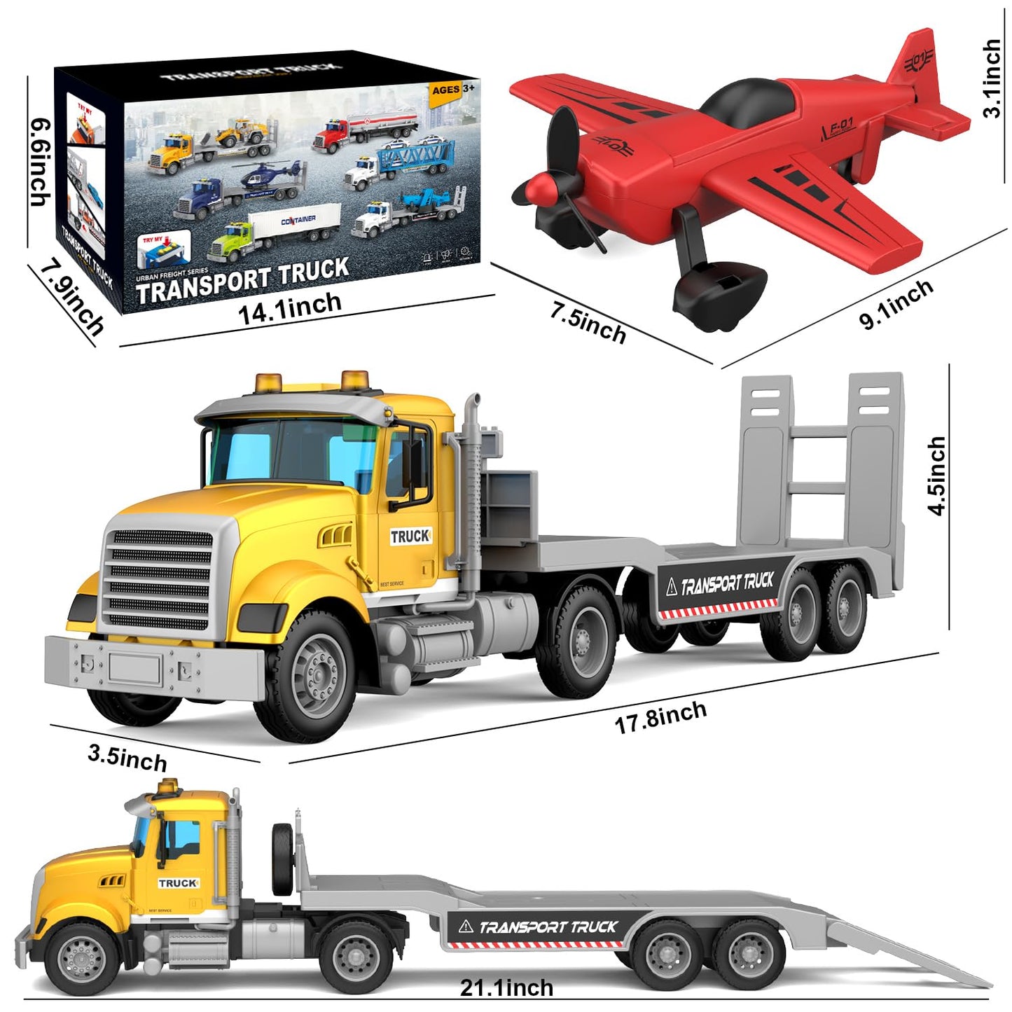 DOWELLIN Large 22in Semi Police Truck with Helicopter – Friction-Powered Kids Toy