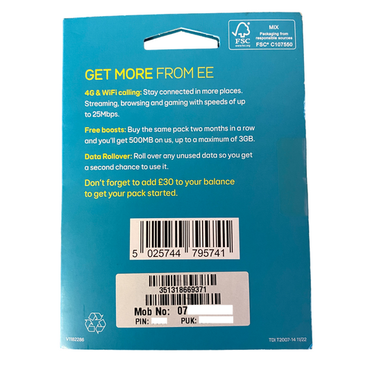 EE Pay As You Go Sim Card - £30 Subscription Pack
