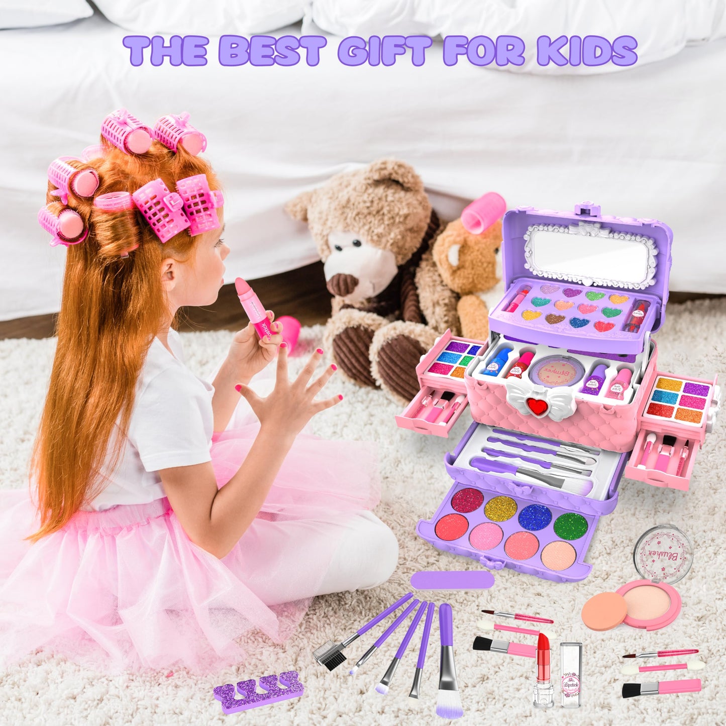 Dpai 54-Pcs Kids Makeup Kit for Girls – Light Purple, Washable, Mirror