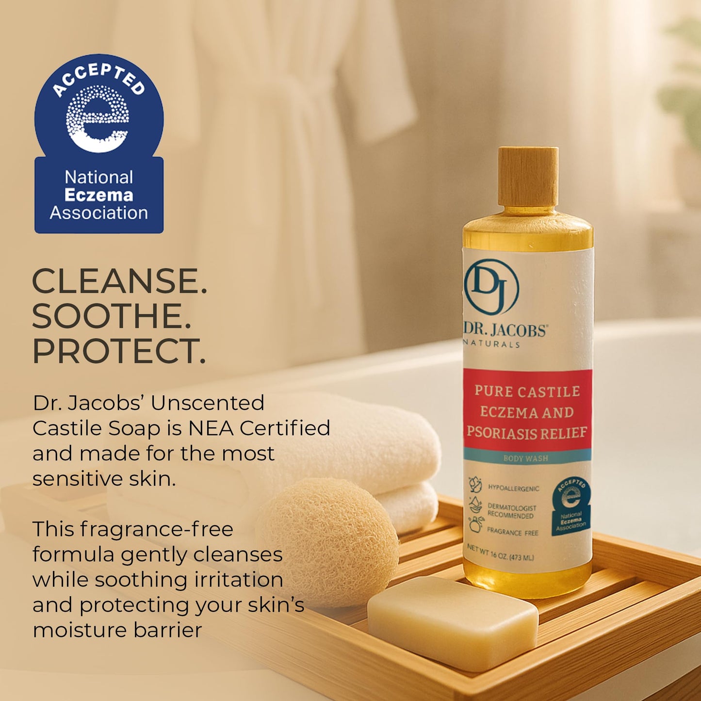 Dr. Jacobs Naturals Hypoallergenic Castile Soap – Fragrance-Free, Sensitive Skin Body Wash (16oz, 2PK)