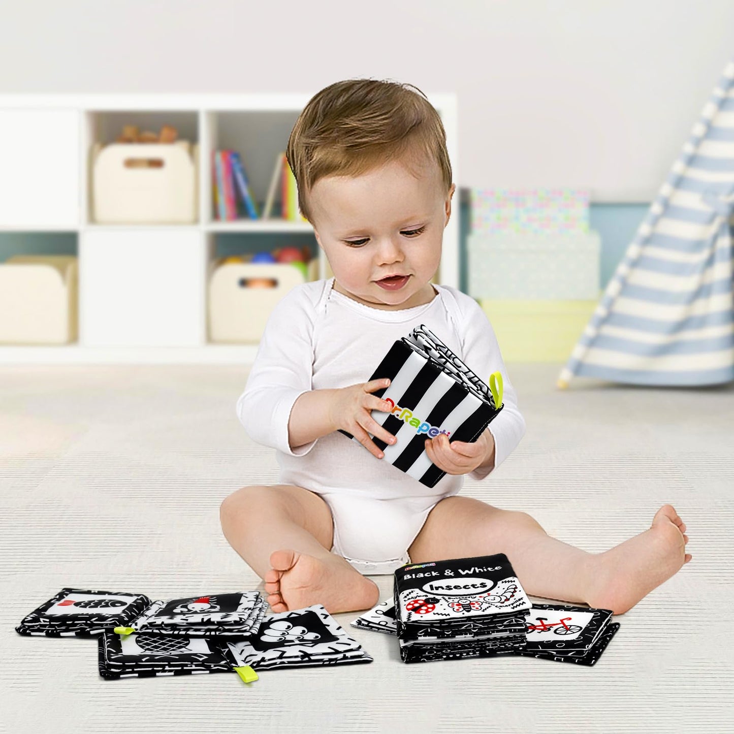Dr.Rapeti Soft Cloth Baby Books – 6-Pack High-Contrast Crinkle Bath Toys, Washable & Non-Toxic