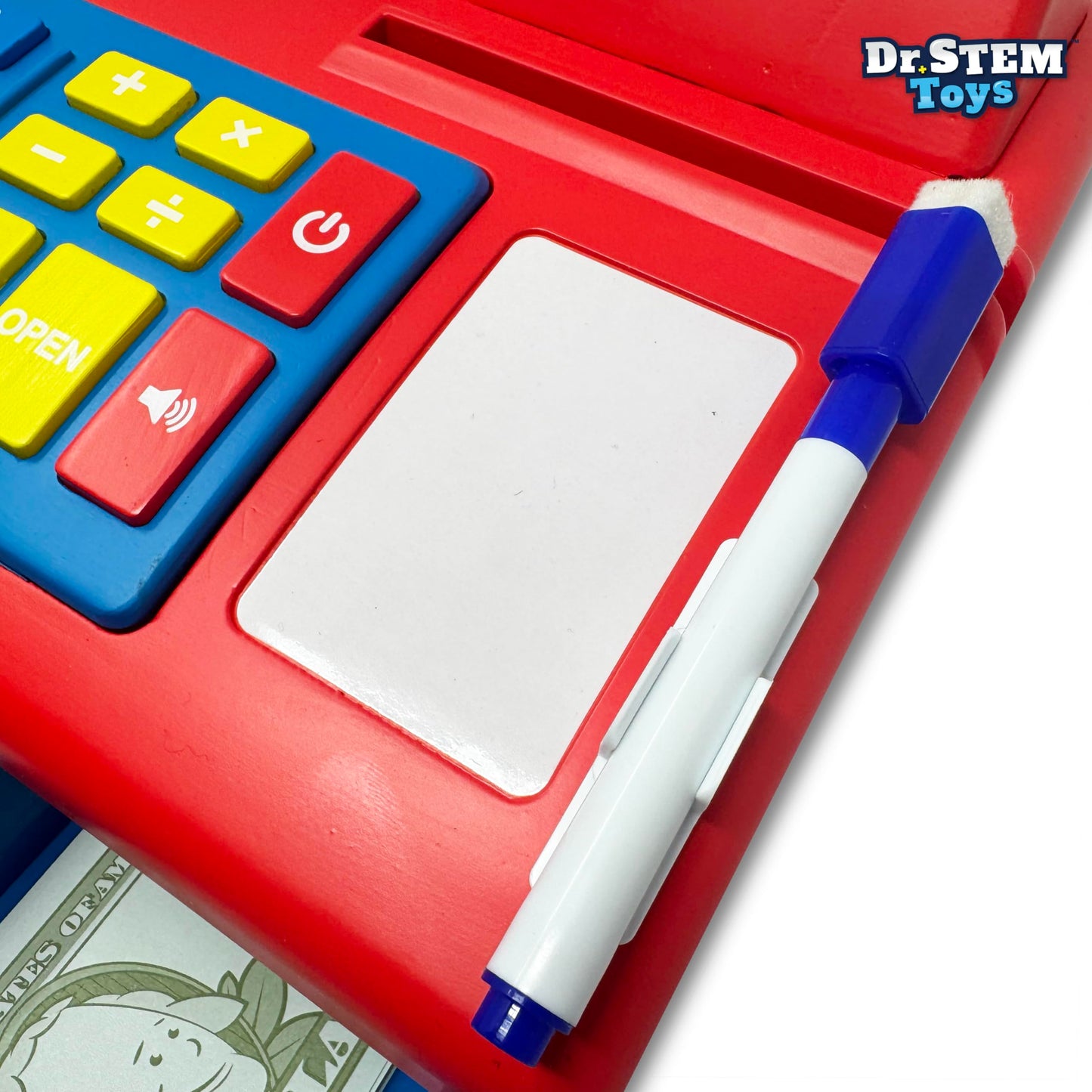 Dr. STEM Toys Solar Powered Calculator Pretend Cash Register – 67-Piece STEM Set (Red)