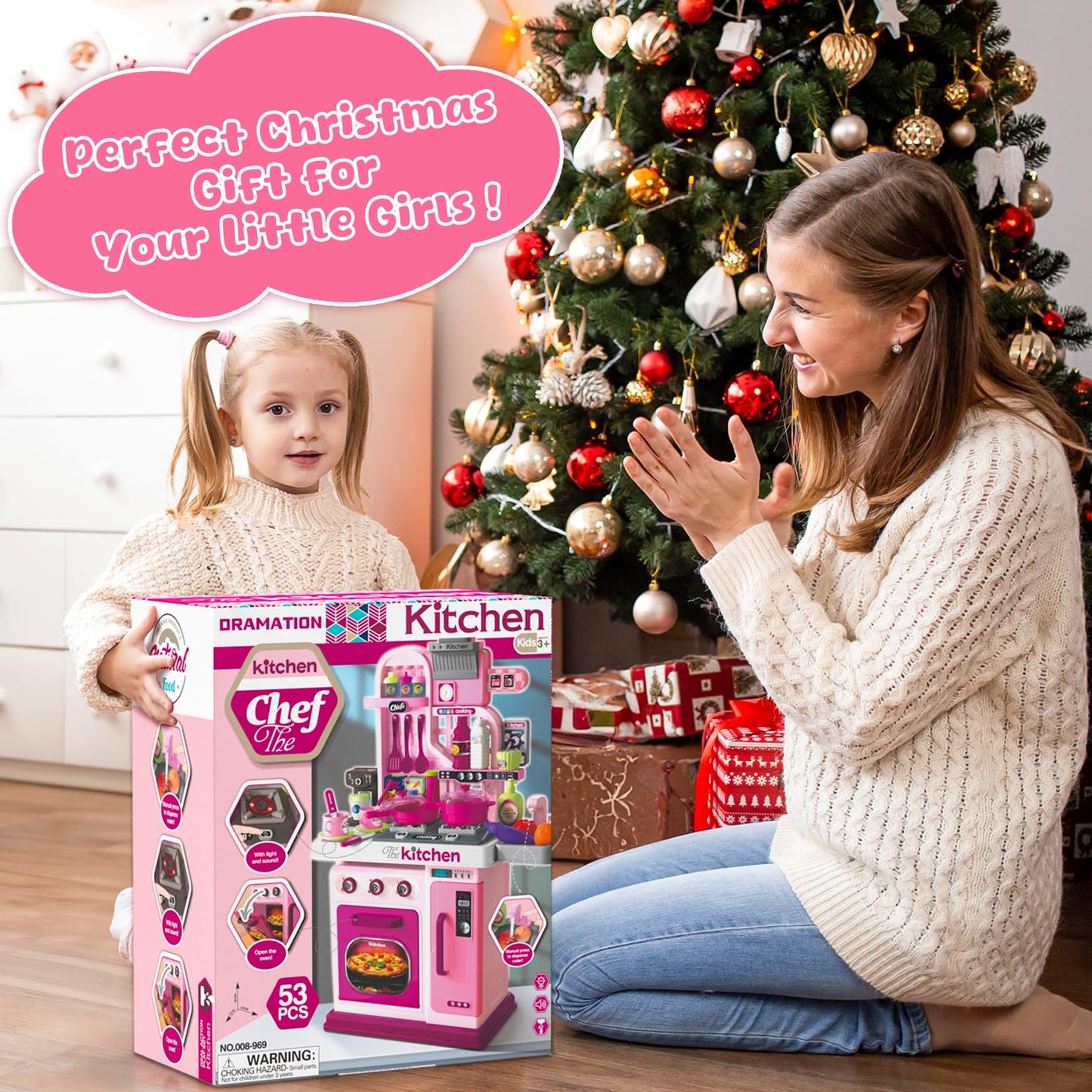 DRAMATION Kids Kitchen Playset – 27.1-Inch Pink Play Kitchen with Light & Sound