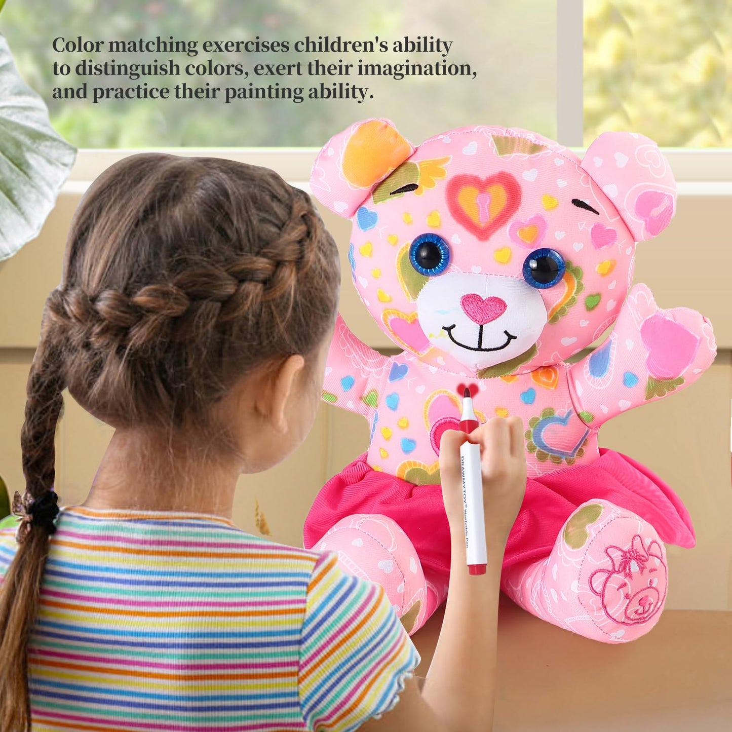 DRAWMYTOY Coloring Plush Toy with 12 Washable Markers – Pink Bear for Kids Aged 4-6