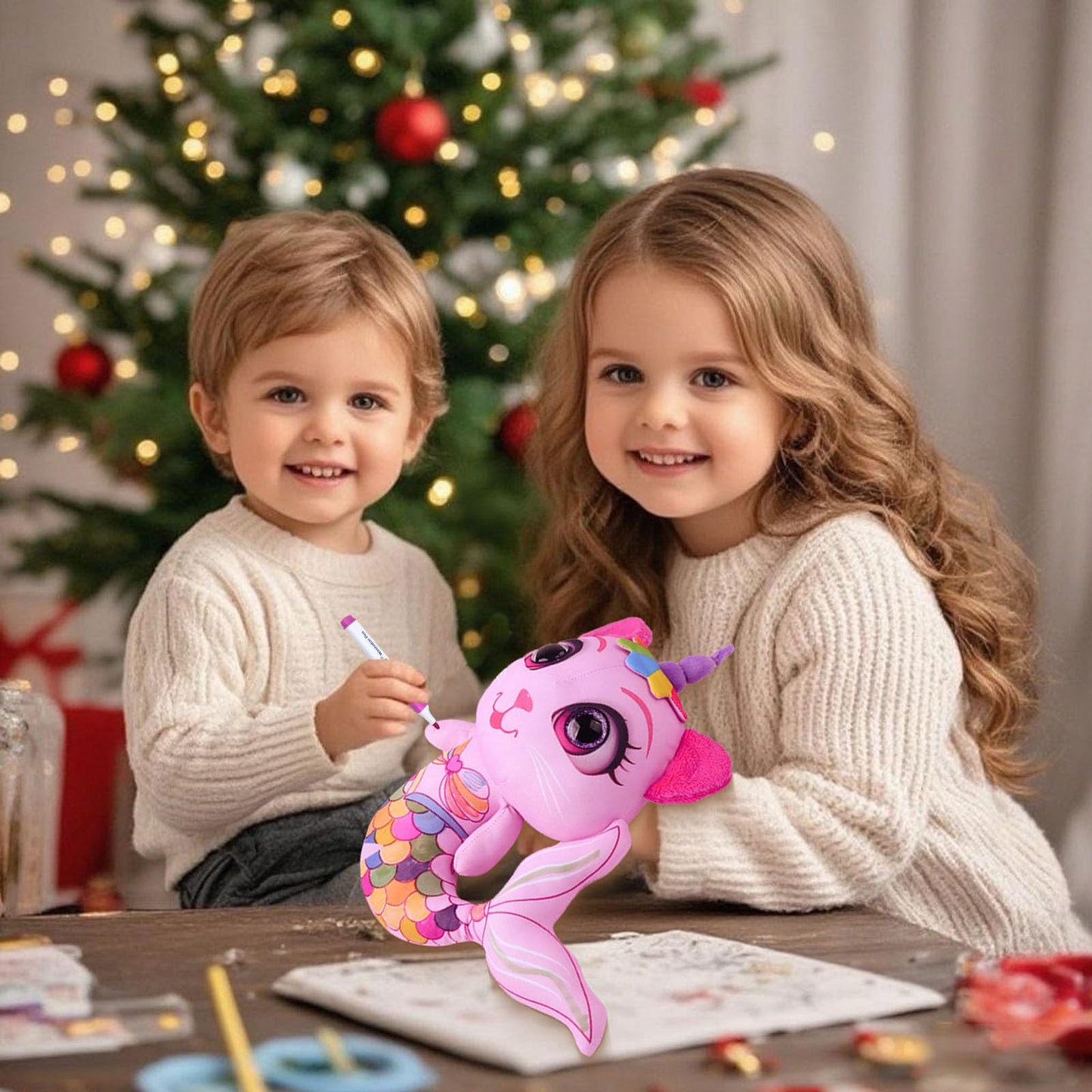 DRAWMYTOY Stuffed Animal Coloring Plush: 20 Washable Markers + Laser Holographic Backpack for Kids Aged 3-6