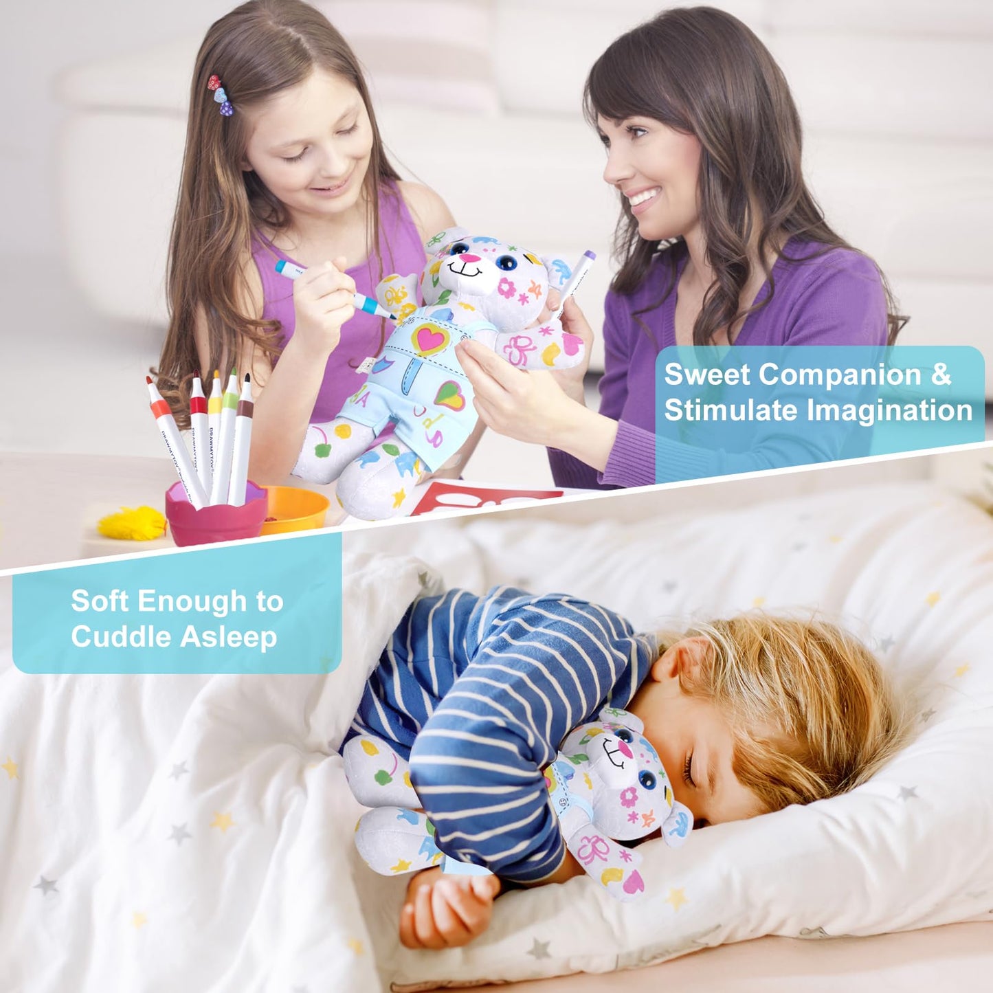 DRAWMYTOY Coloring Plush Toy with 12 Washable Markers – Blue Bear | For Kids Aged 4-6