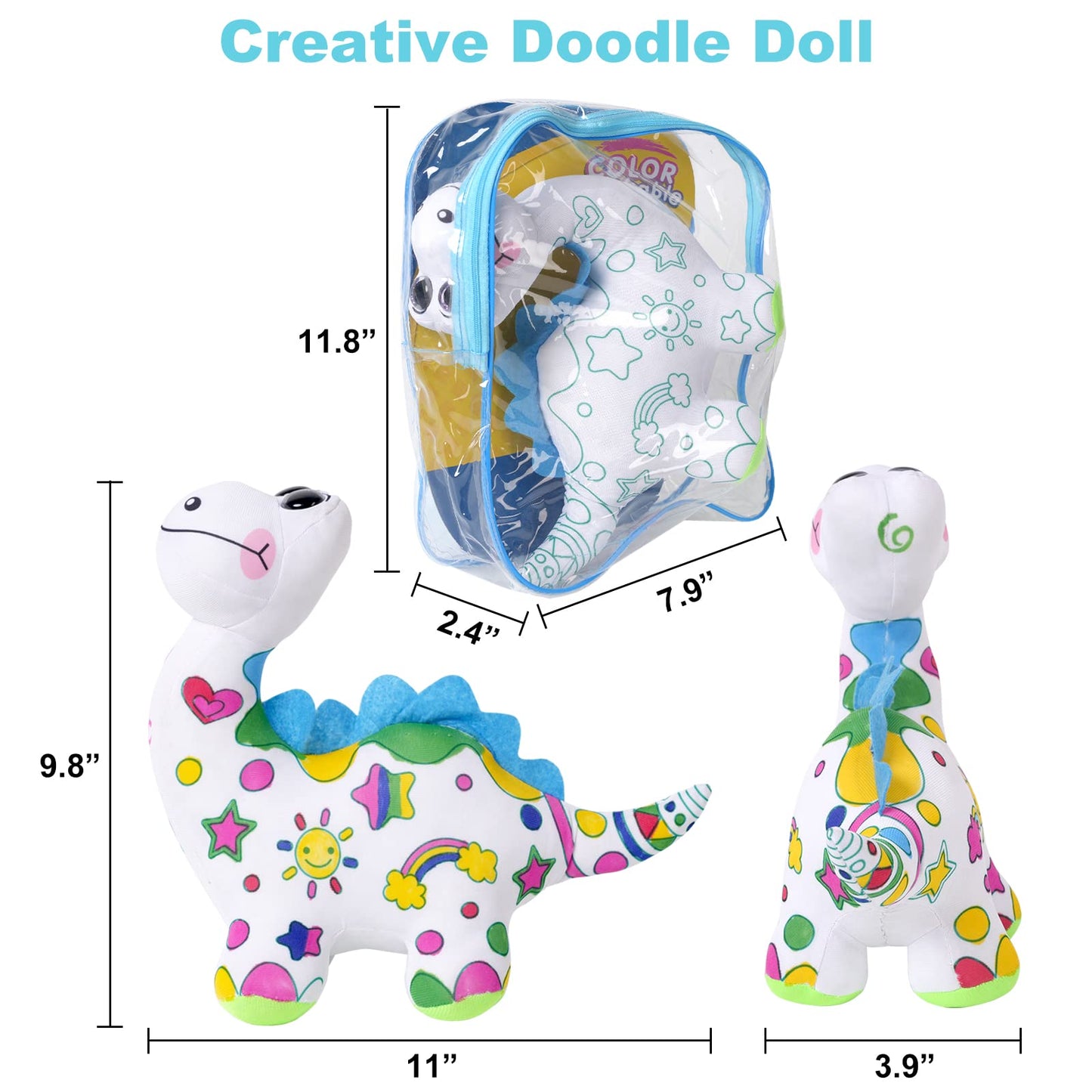 DRAWMYTOY Coloring Plush Toy with 5 Washable Markers — Dinosaur Doodle Doll for Kids Ages 4-6