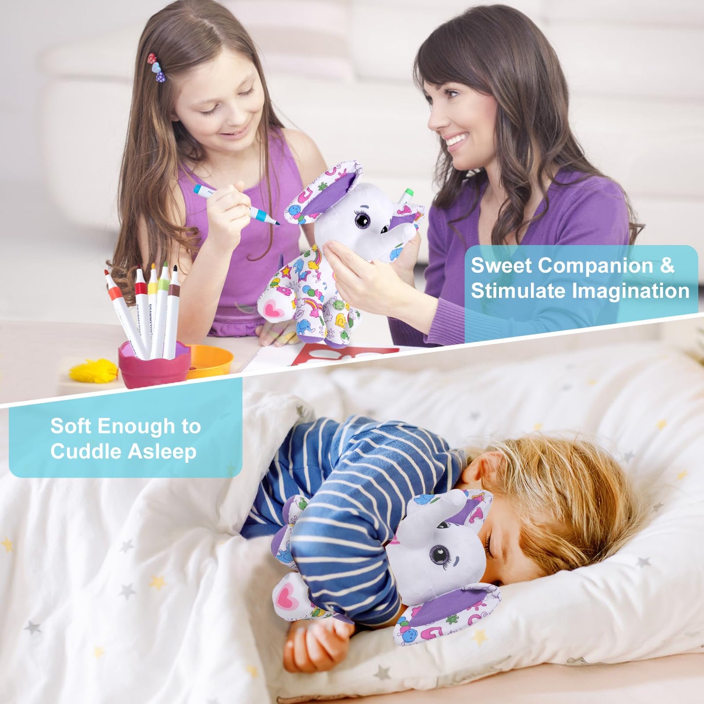 DrawMyToy Coloring Plush Elephant with 12 Washable Markers – Creative Toy for Kids 4-6