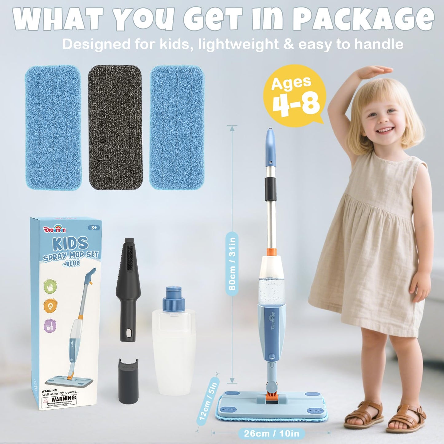 Dreamon Kids Spray Mop - Real Spray Cleaning Toy Set with 3 Washable Pads & Scraper