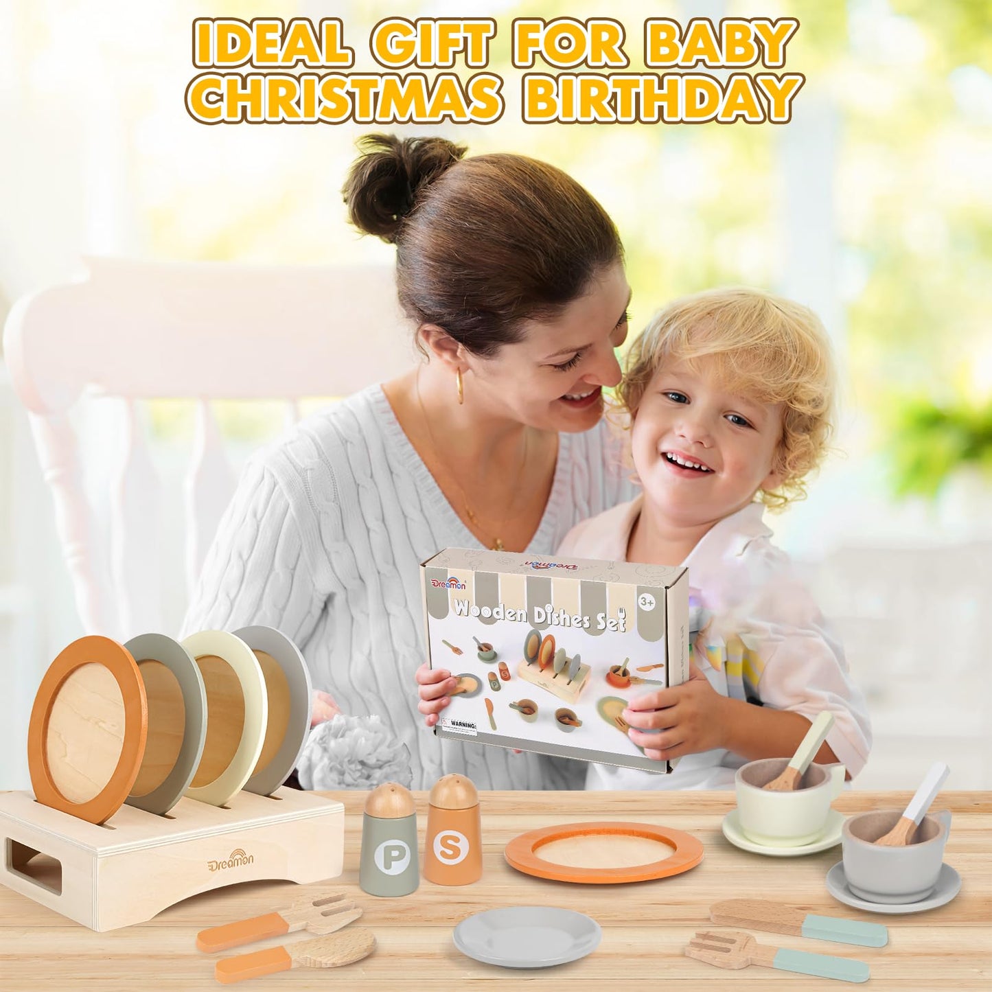 Dreamon Wooden Play Dishes & 27-Piece Kids Kitchen Set – Safe, Durable Pretend Play Toys