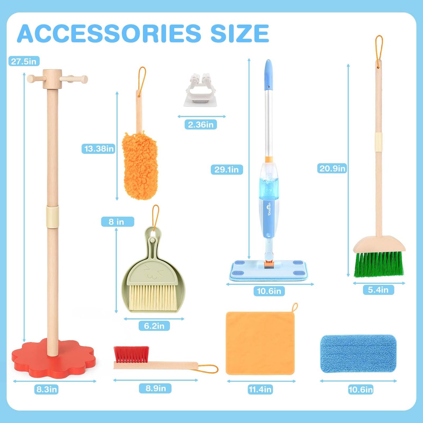 Dreamon Wooden Toddler Cleaning Set – 10-Piece Real Spray Mop & Montessori Toys